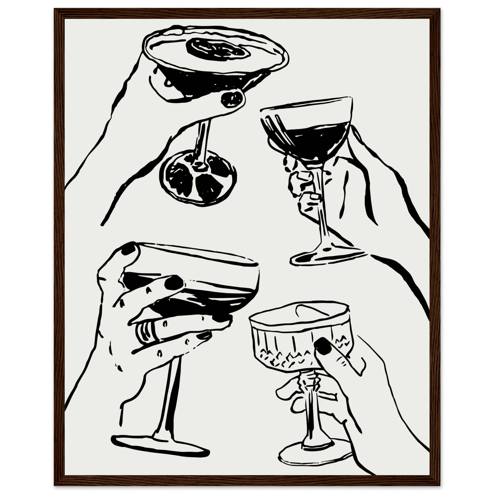 Cheers Print | Black Line Art Cocktail Glasses Wall Art | Kitchen Bar Poster - Evergreen Posters