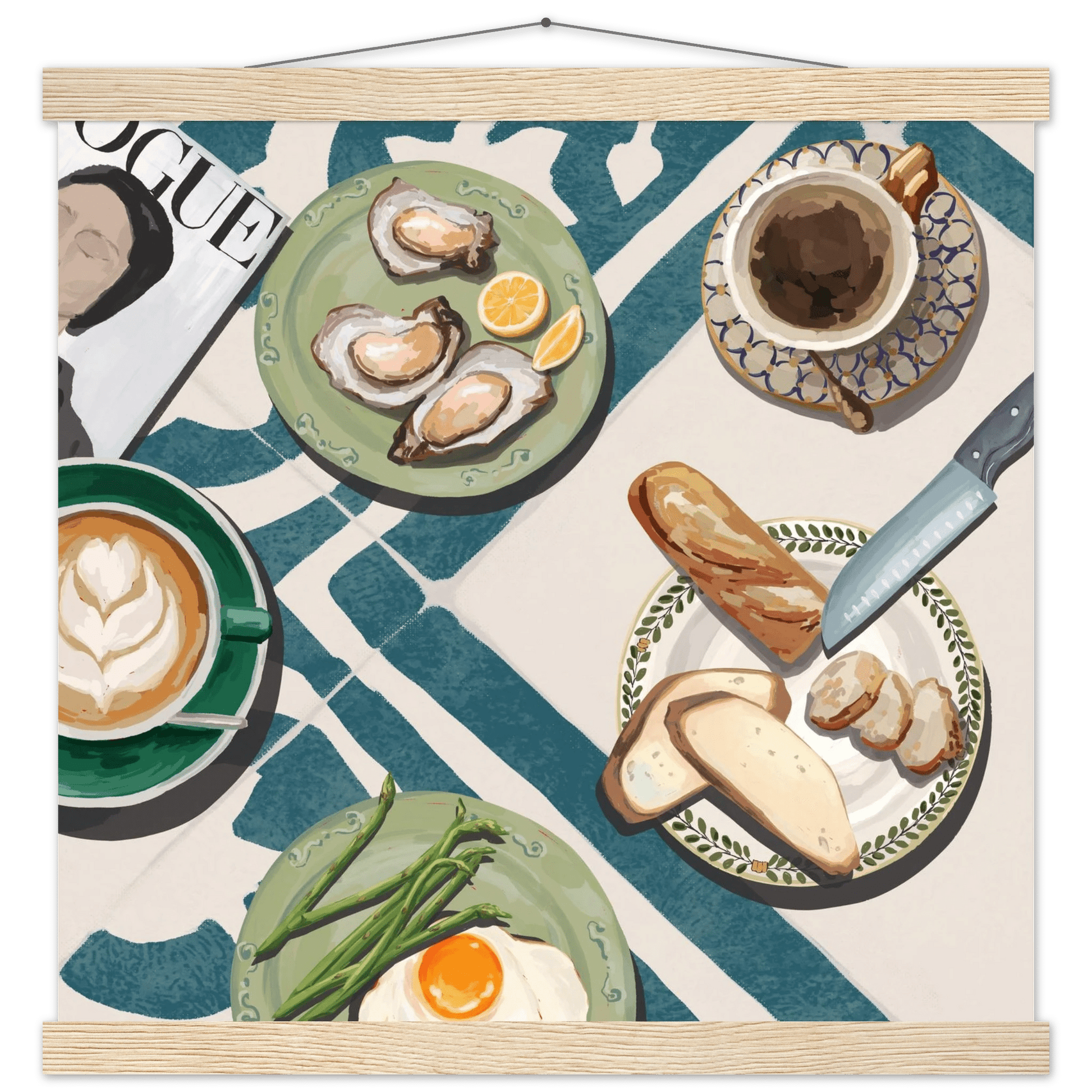 Oysters & Vogue Brunch Poster | Luxury Kitchen Wall Art | Blue Tile Square Print - Evergreen Posters - 33