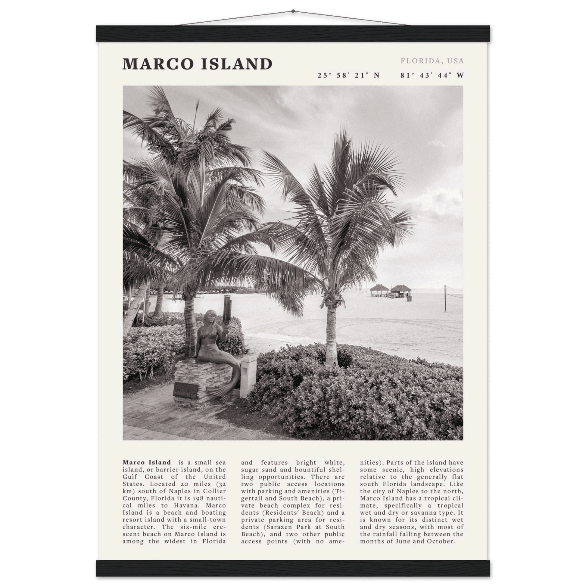 Marco Island Poster | Black & White Florida Beach Wall Art | Coastal Travel Print - Evergreen Posters