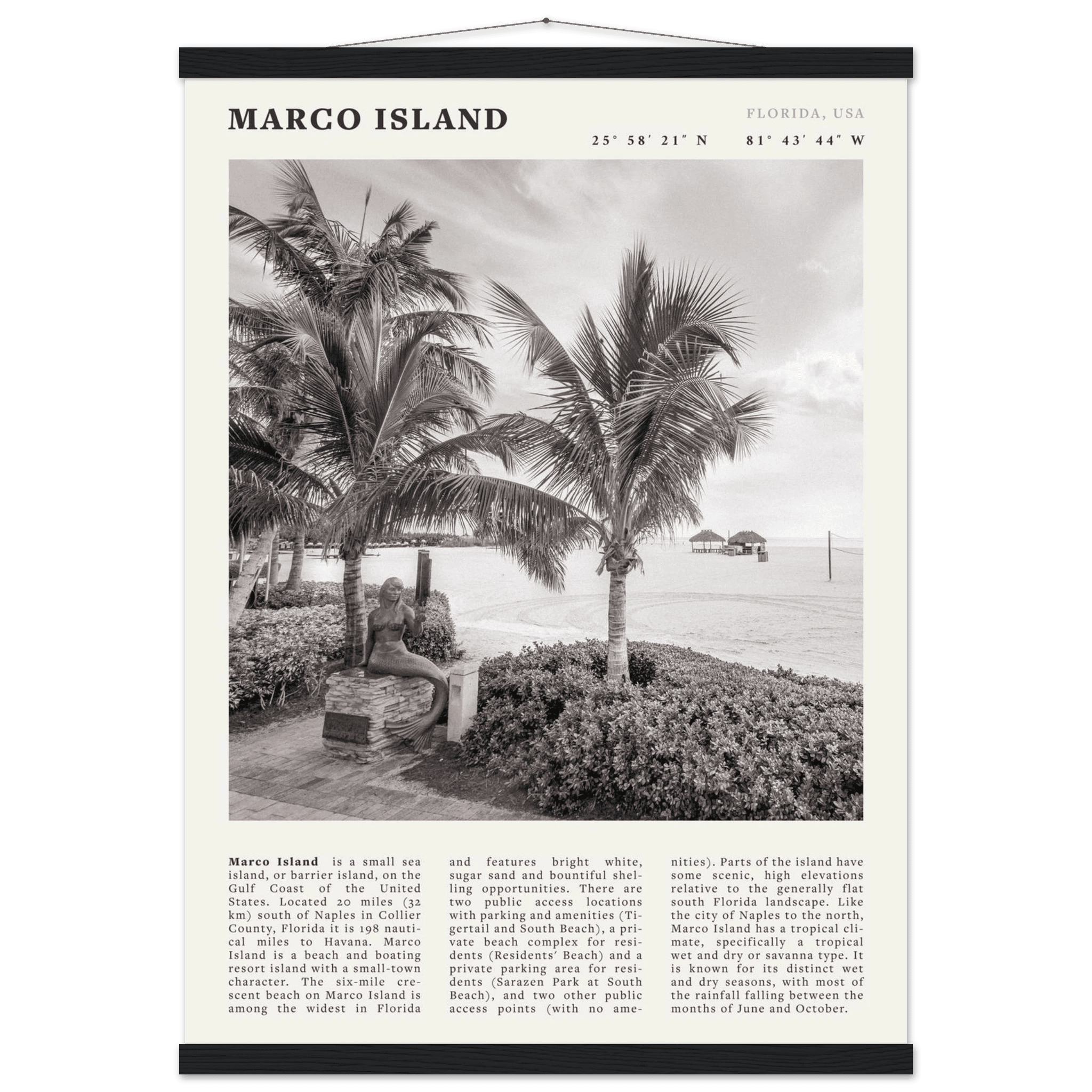 Marco Island Poster | Black & White Florida Beach Wall Art | Coastal Travel Print - Evergreen Posters