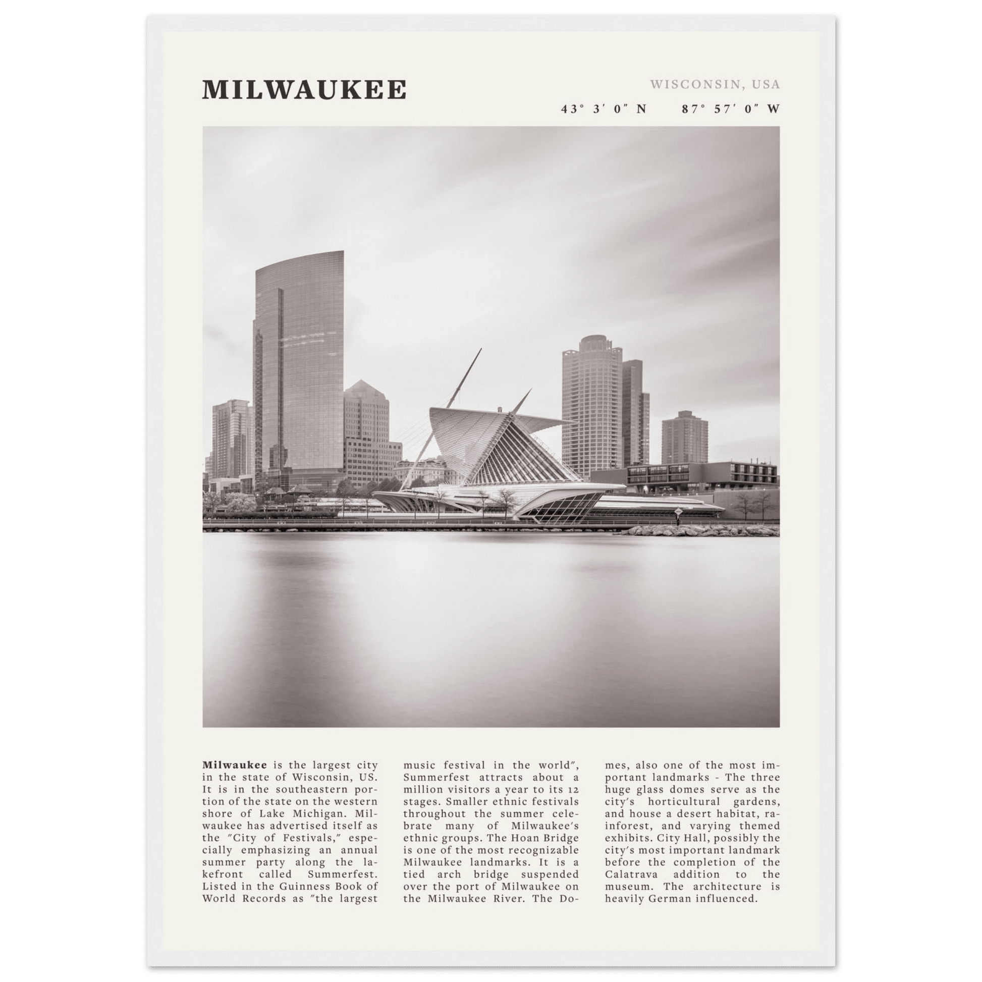 Milwaukee Poster | Black & White Wisconsin City Wall Art | USA Travel Print - Evergreen Posters