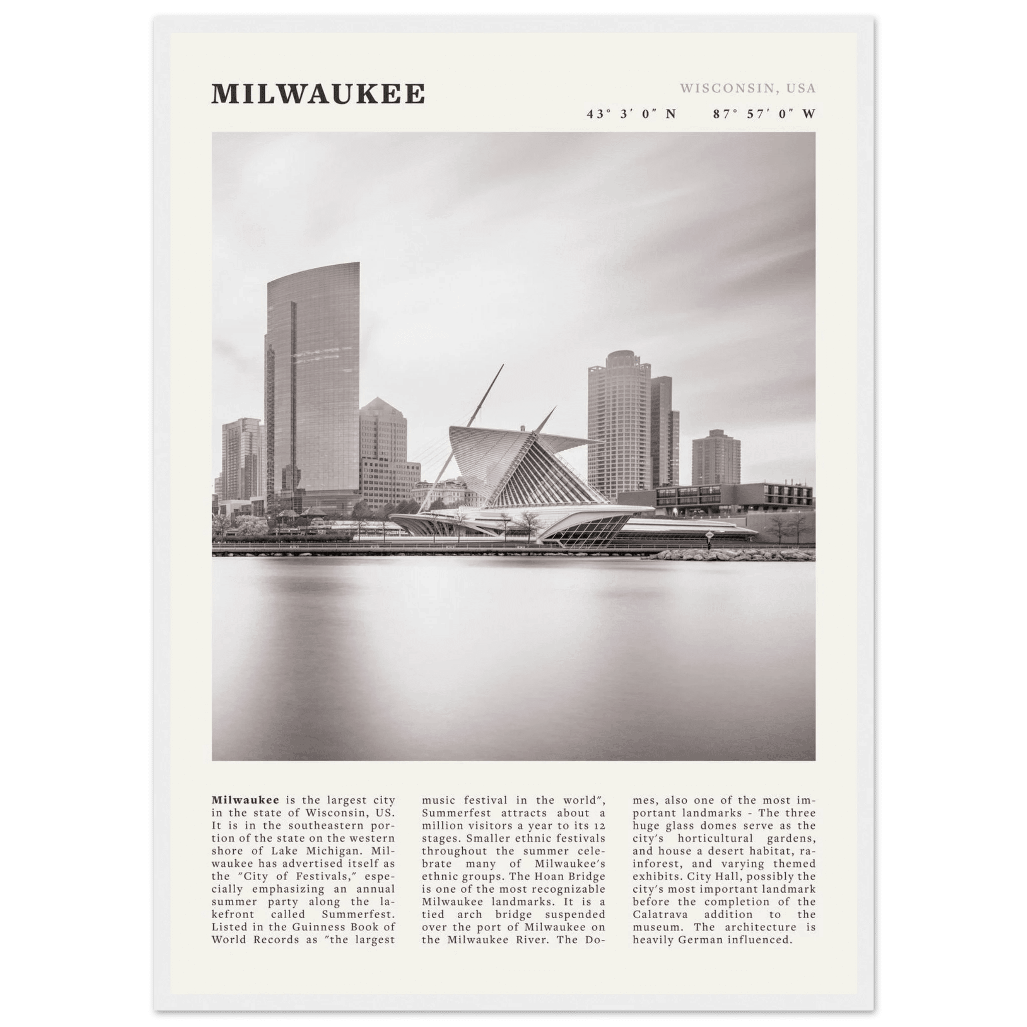 Milwaukee Poster | Black & White Wisconsin City Wall Art | USA Travel Print - Evergreen Posters