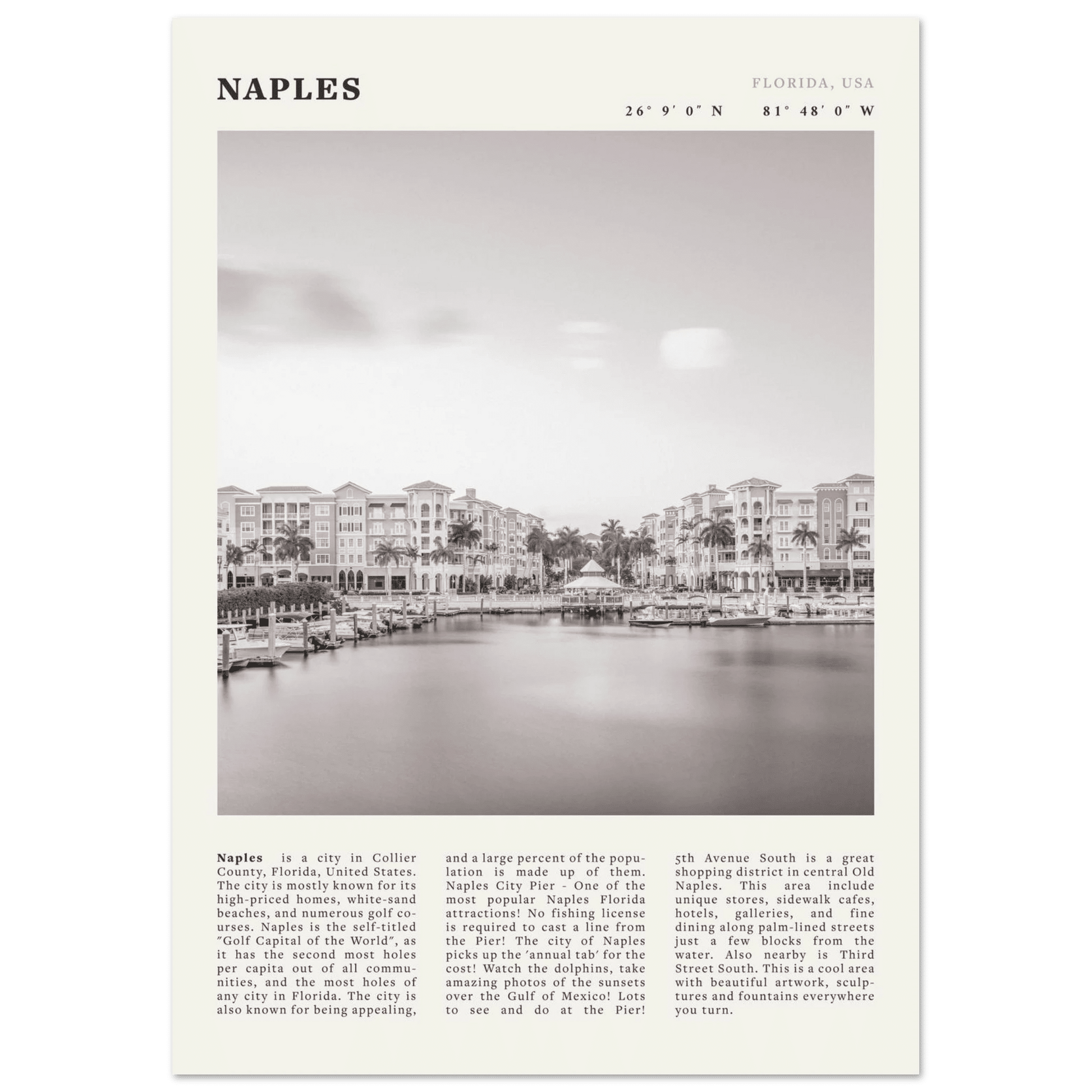 Naples Florida Poster | Black & White Gulf Coast Wall Art | FL Travel Print - Evergreen Posters