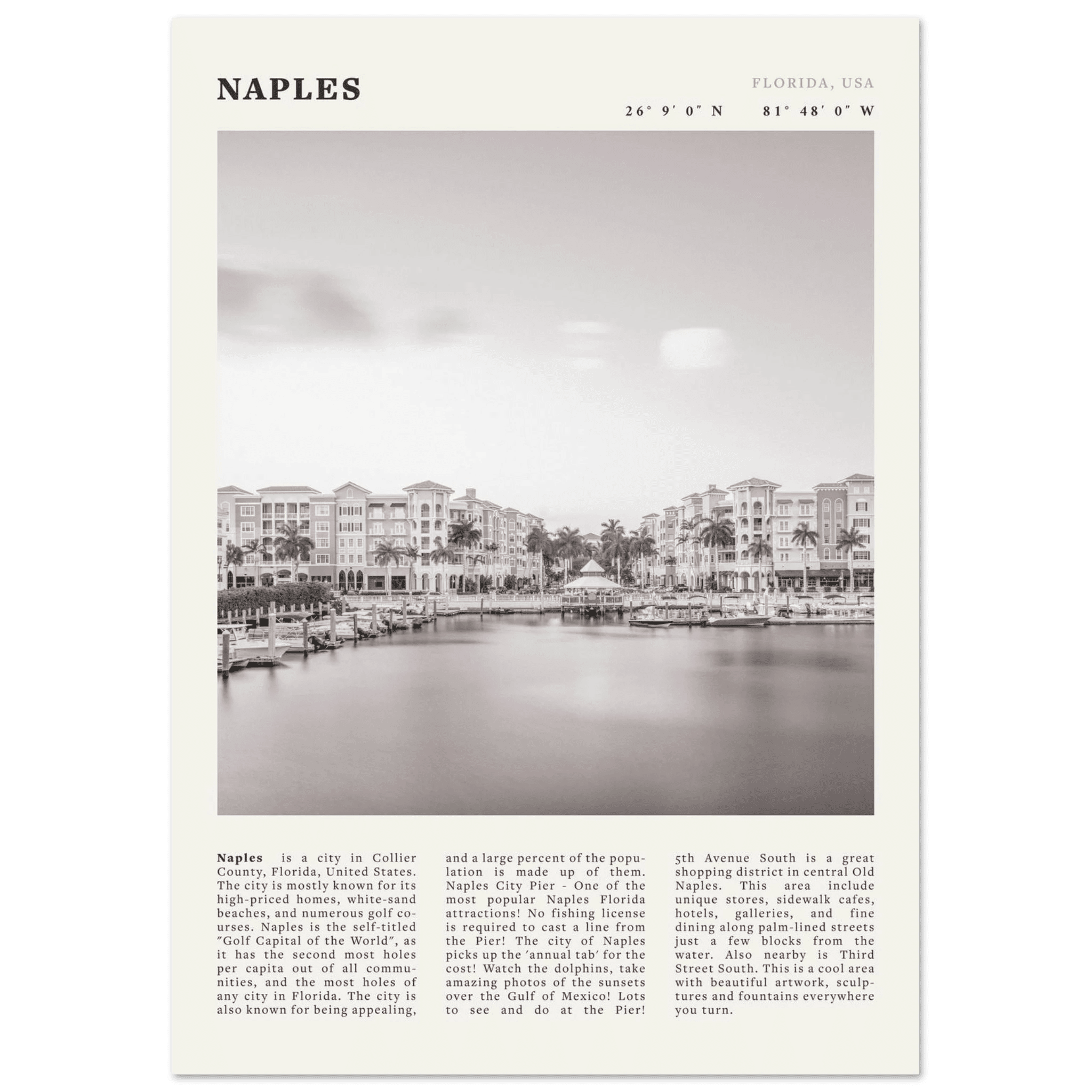Naples Florida Poster | Black & White Gulf Coast Wall Art | FL Travel Print - Evergreen Posters