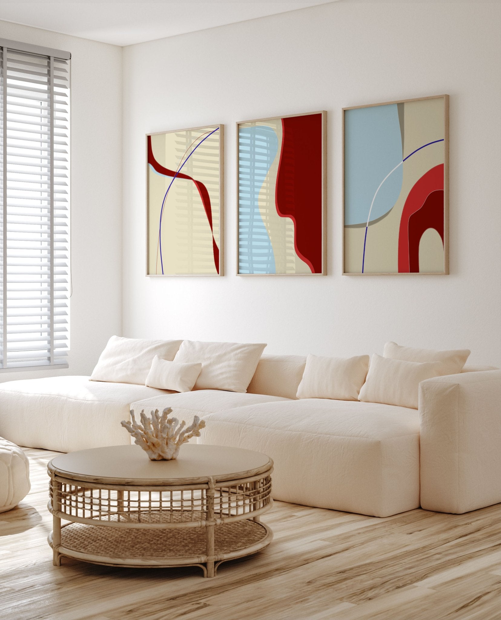 Set of 3 Abstract Prints | Red Blue Cream Modern Wall Art | Living Room Poster Set - Evergreen Posters