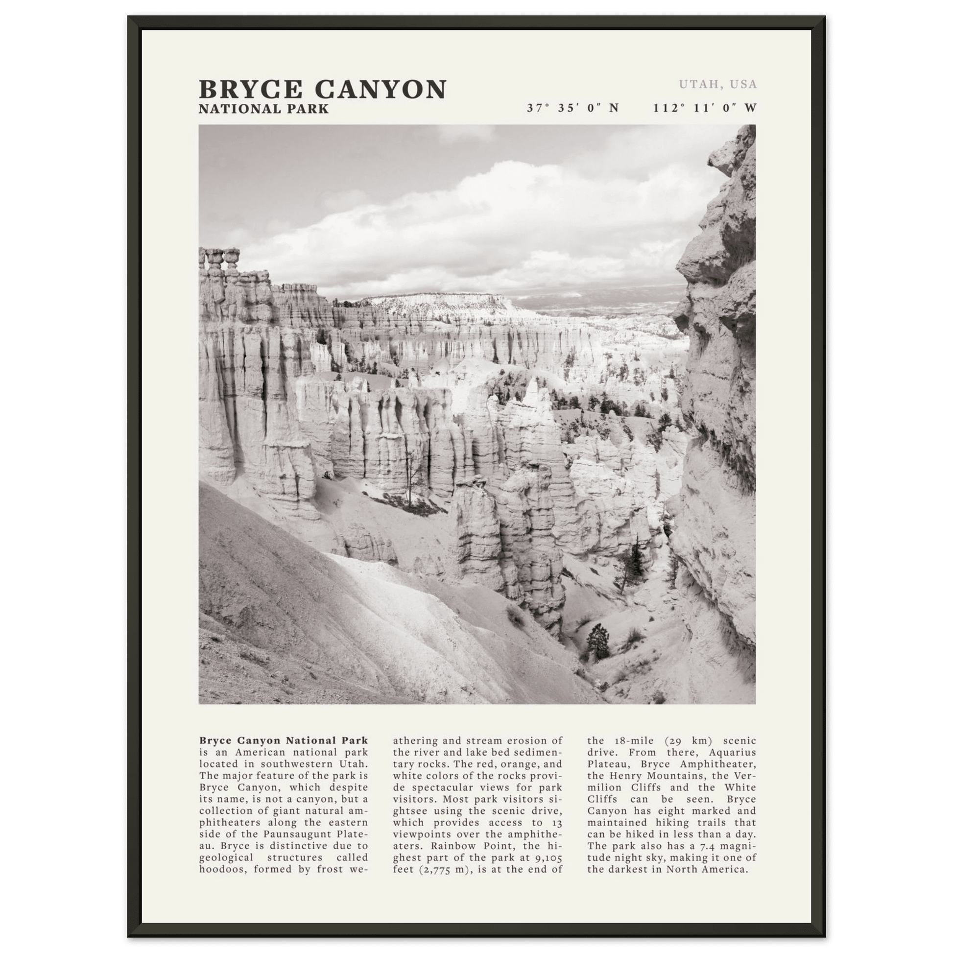 Bryce Canyon National Park Poster | Black & White Utah Hoodoos Wall Art Print - Evergreen Posters - 48