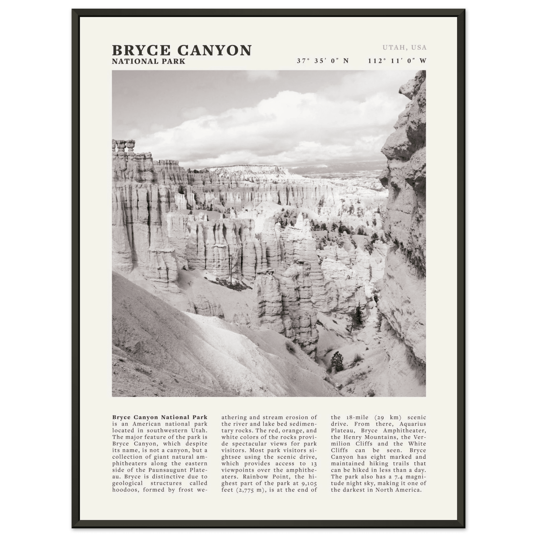 Bryce Canyon National Park Poster | Black & White Utah Hoodoos Wall Art Print - Evergreen Posters - 48