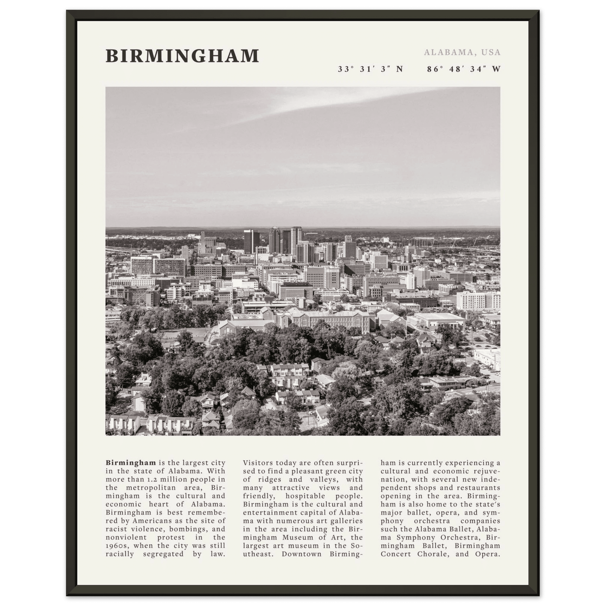 Birmingham Poster | Black & White Alabama Skyline Wall Art | AL Travel Print - Evergreen Posters
