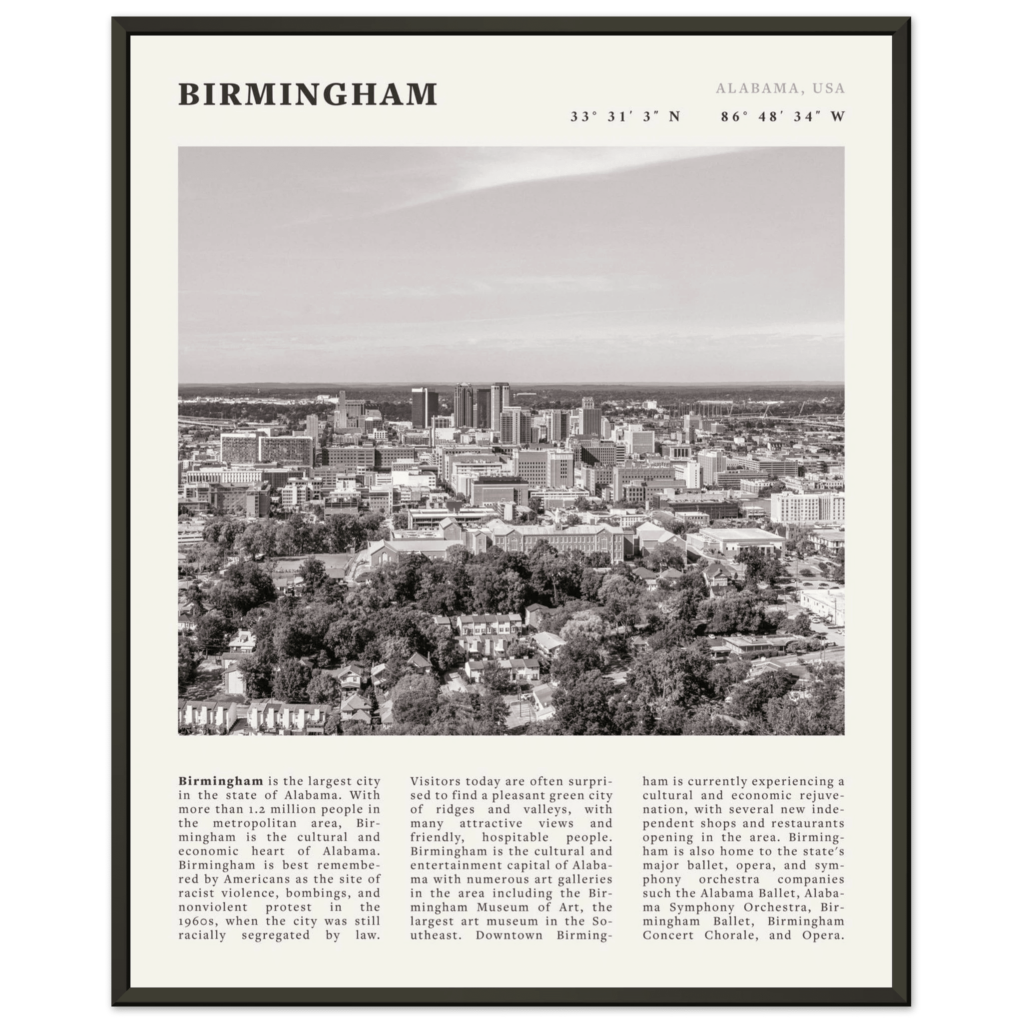 Birmingham Poster | Black & White Alabama Skyline Wall Art | AL Travel Print - Evergreen Posters
