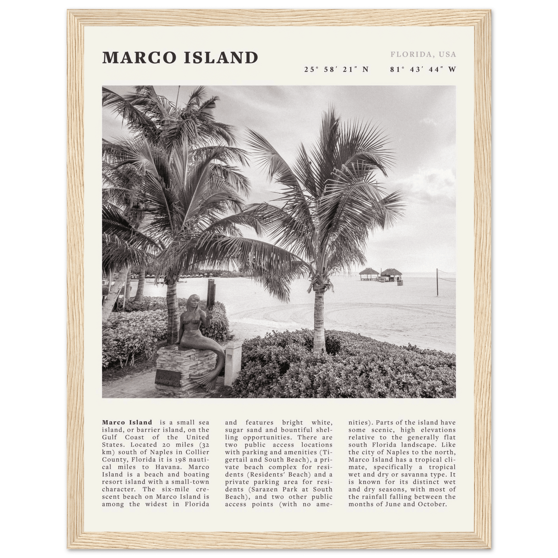 Marco Island Poster | Black & White Florida Beach Wall Art | Coastal Travel Print - Evergreen Posters