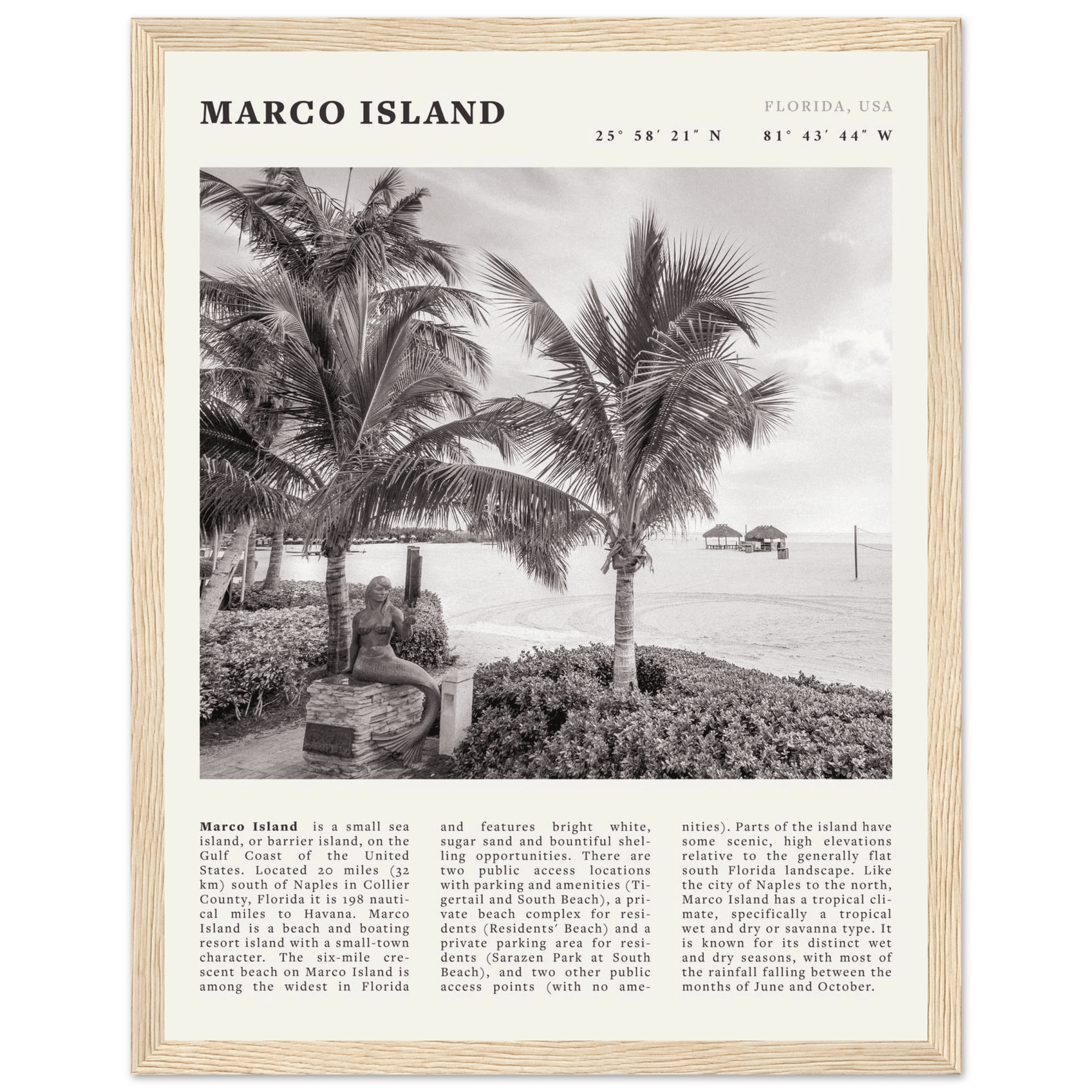 Marco Island Poster | Black & White Florida Beach Wall Art | Coastal Travel Print - Evergreen Posters