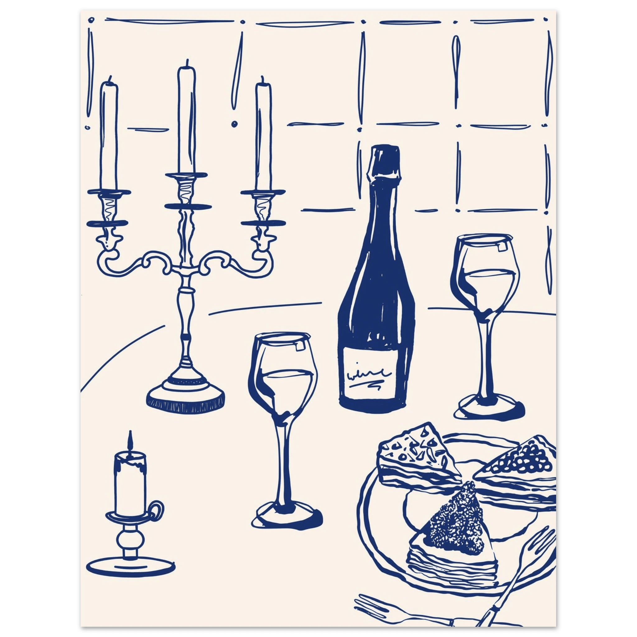 Candlelight Dinner Print | Navy Blue Wine & Candelabra Line Art | Kitchen Poster - Evergreen Posters