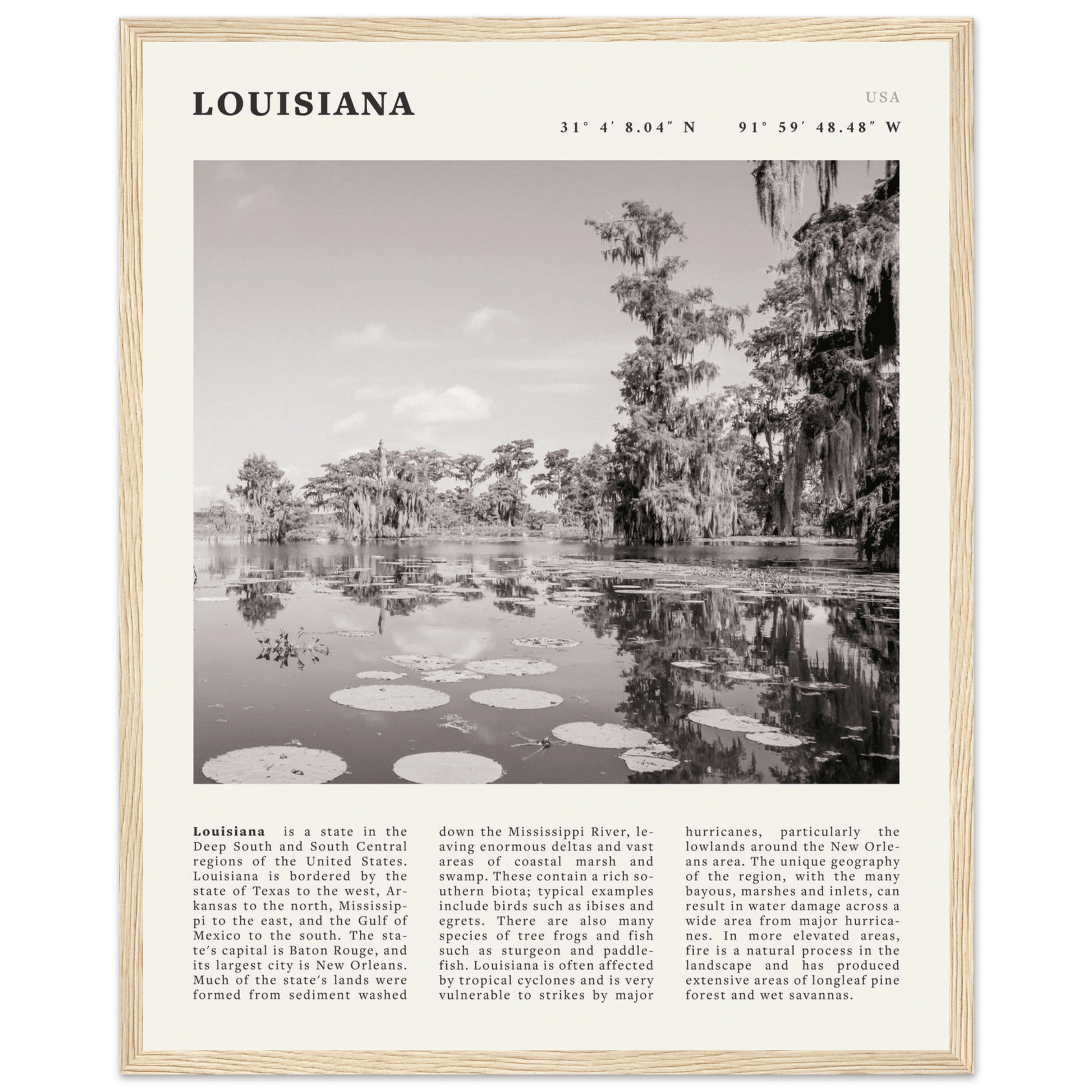 Louisiana Poster | Black & White Bayou Wall Art | Southern USA Travel Print Decor - Evergreen Posters