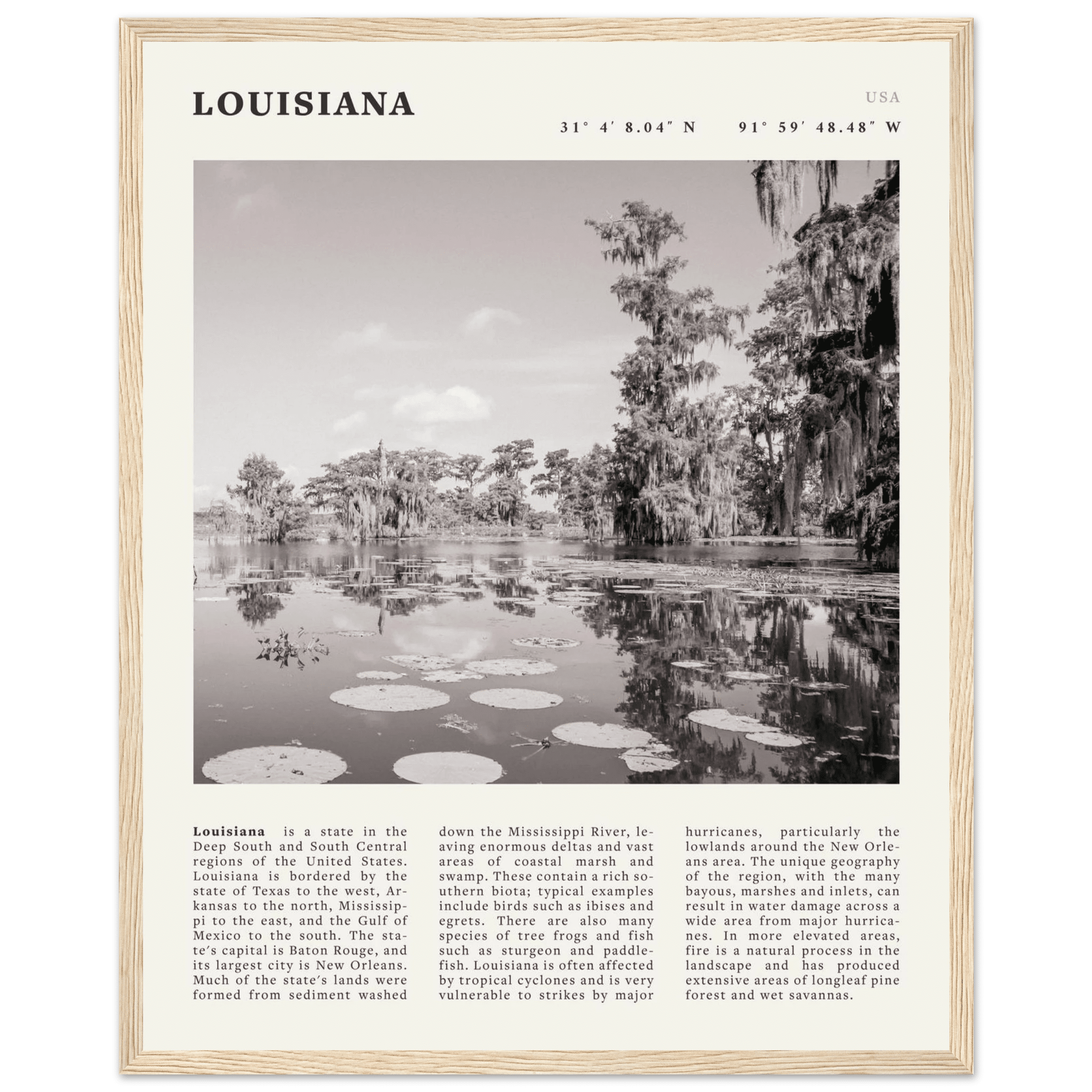 Louisiana Poster | Black & White Bayou Wall Art | Southern USA Travel Print Decor - Evergreen Posters