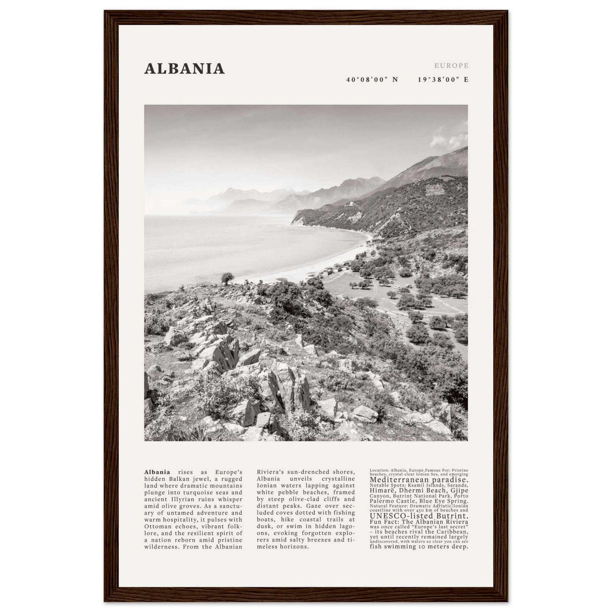 Albania Poster Black and White – Vintage Albanian Riviera Travel Print (Digital & Printed Options) - Evergreen Posters
