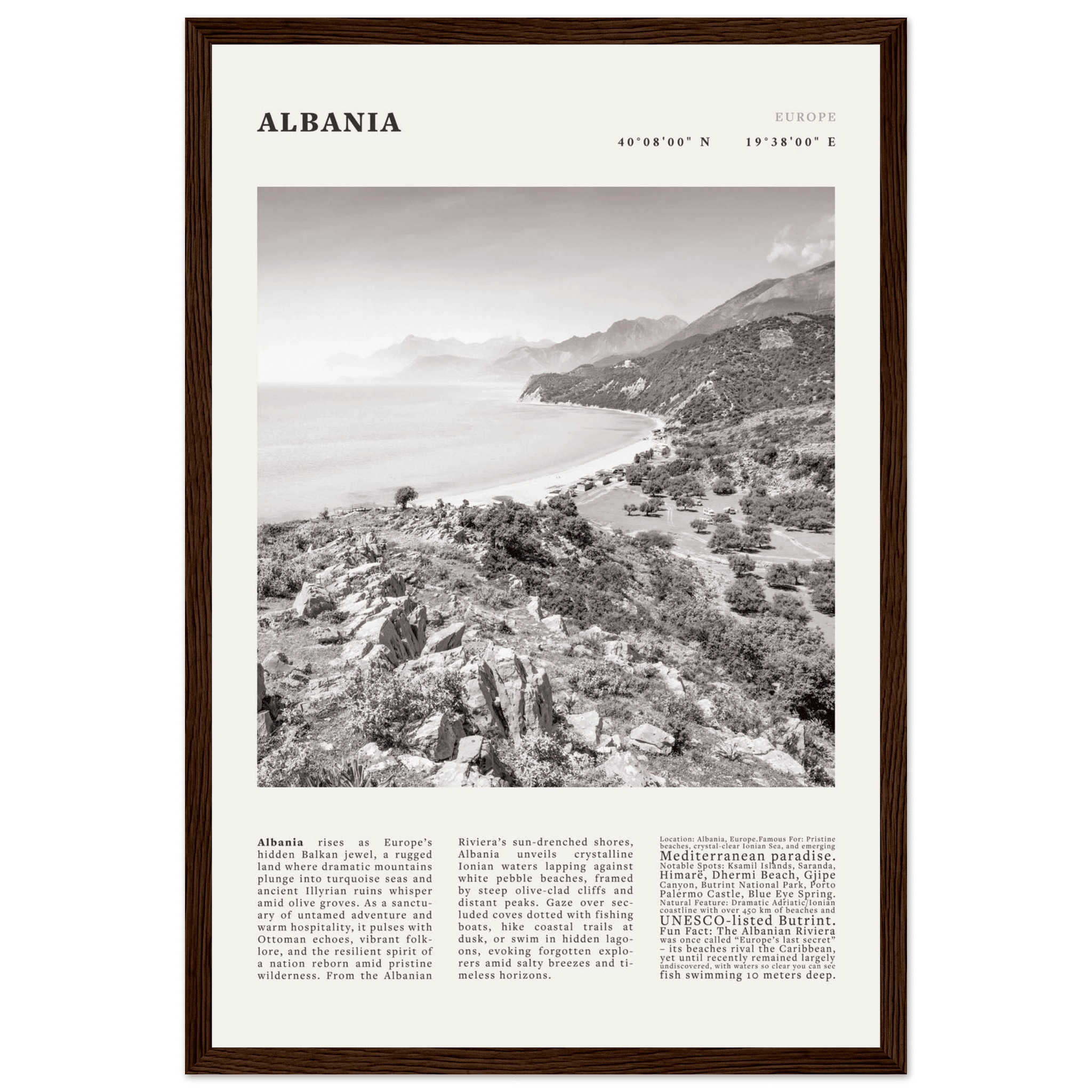 Albania Poster Black and White – Vintage Albanian Riviera Travel Print (Digital & Printed Options) - Evergreen Posters