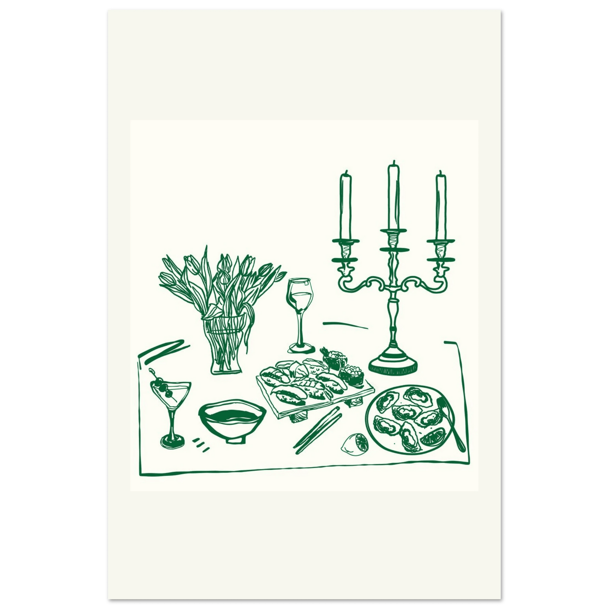 Fine Dining Table Print | Green Line Art Kitchen Wall Art | Elegant Dining Room Poster - Evergreen Posters