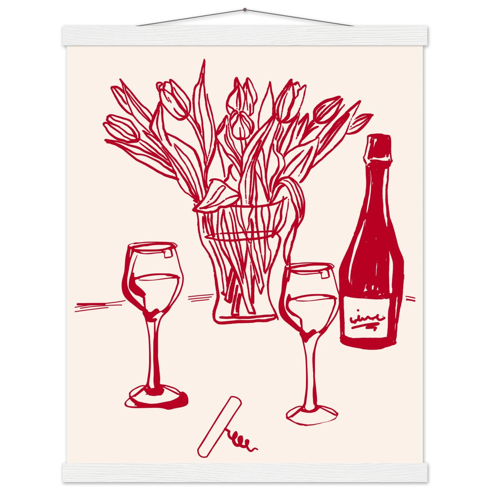 Red Wine & Tulips Print | Line Art Wine Bottle Wall Art | Kitchen Poster - Evergreen Posters