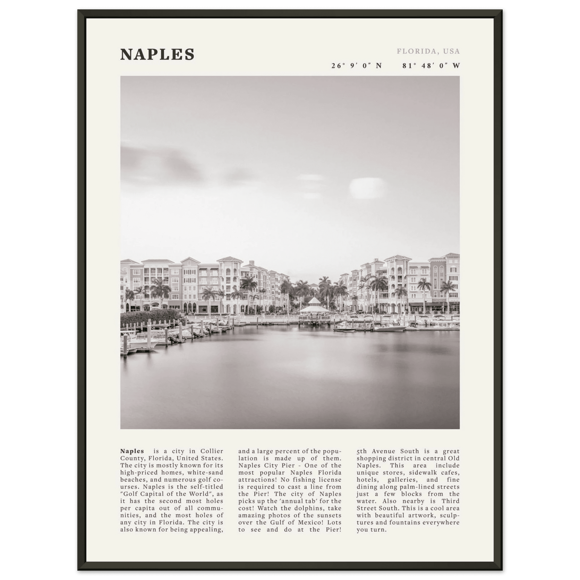Naples Florida Poster | Black & White Gulf Coast Wall Art | FL Travel Print - Evergreen Posters