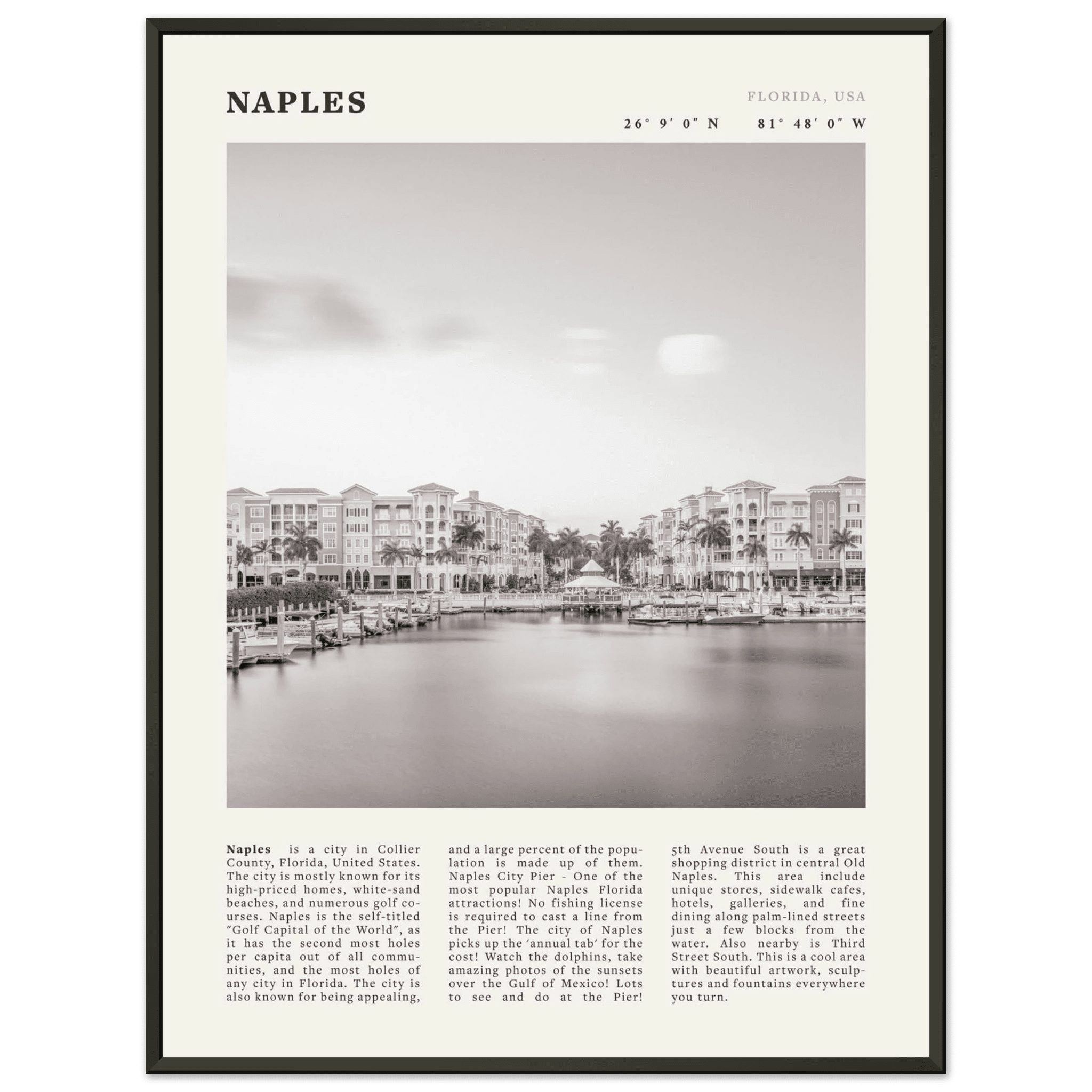 Naples Florida Poster | Black & White Gulf Coast Wall Art | FL Travel Print - Evergreen Posters