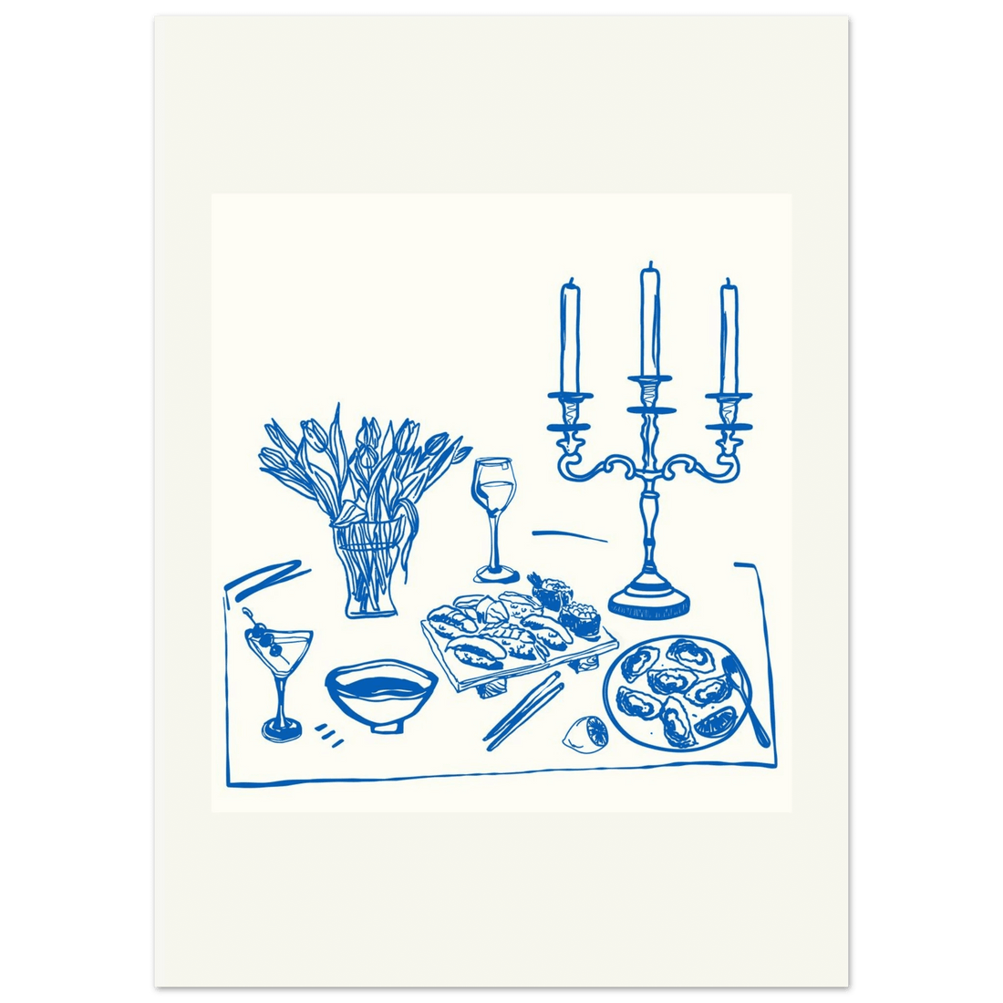 Fine Dining Table Print | Blue Line Art Kitchen Wall Art | Elegant Dining Room Poster - Evergreen Posters