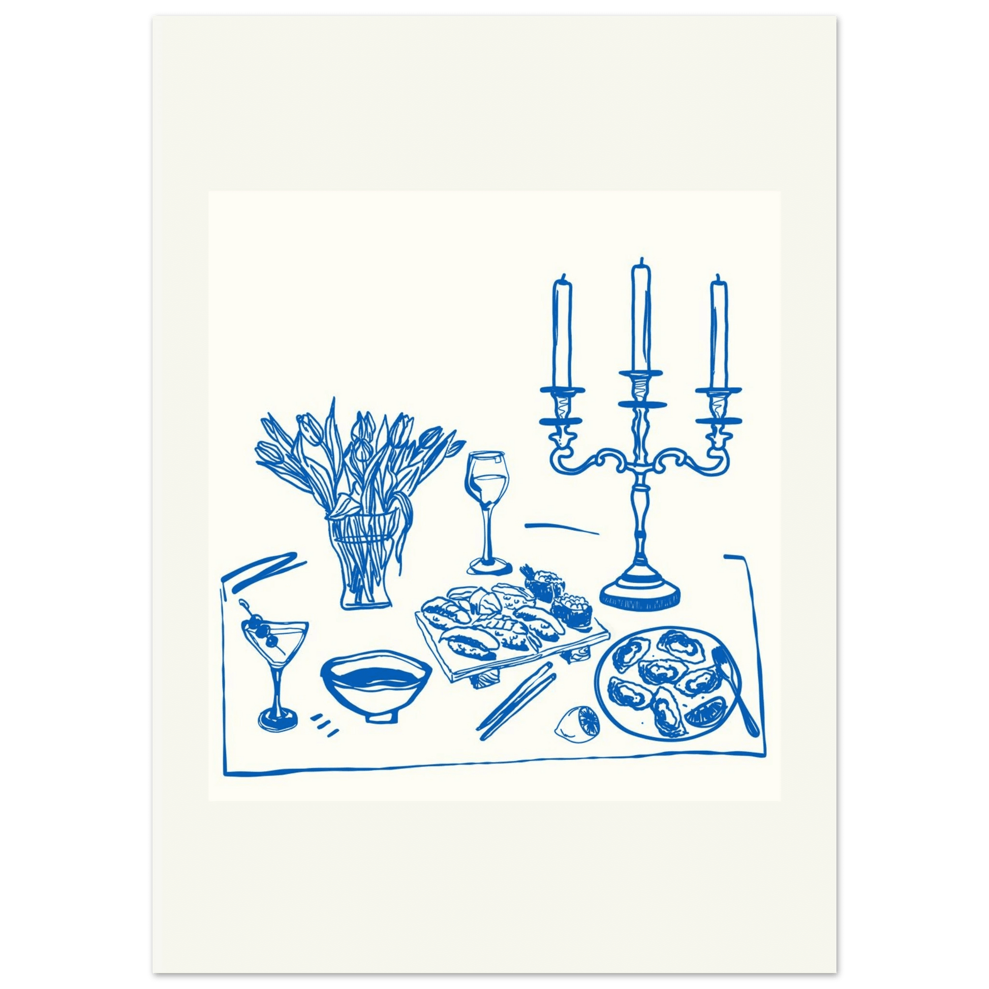 Fine Dining Table Print | Blue Line Art Kitchen Wall Art | Elegant Dining Room Poster - Evergreen Posters
