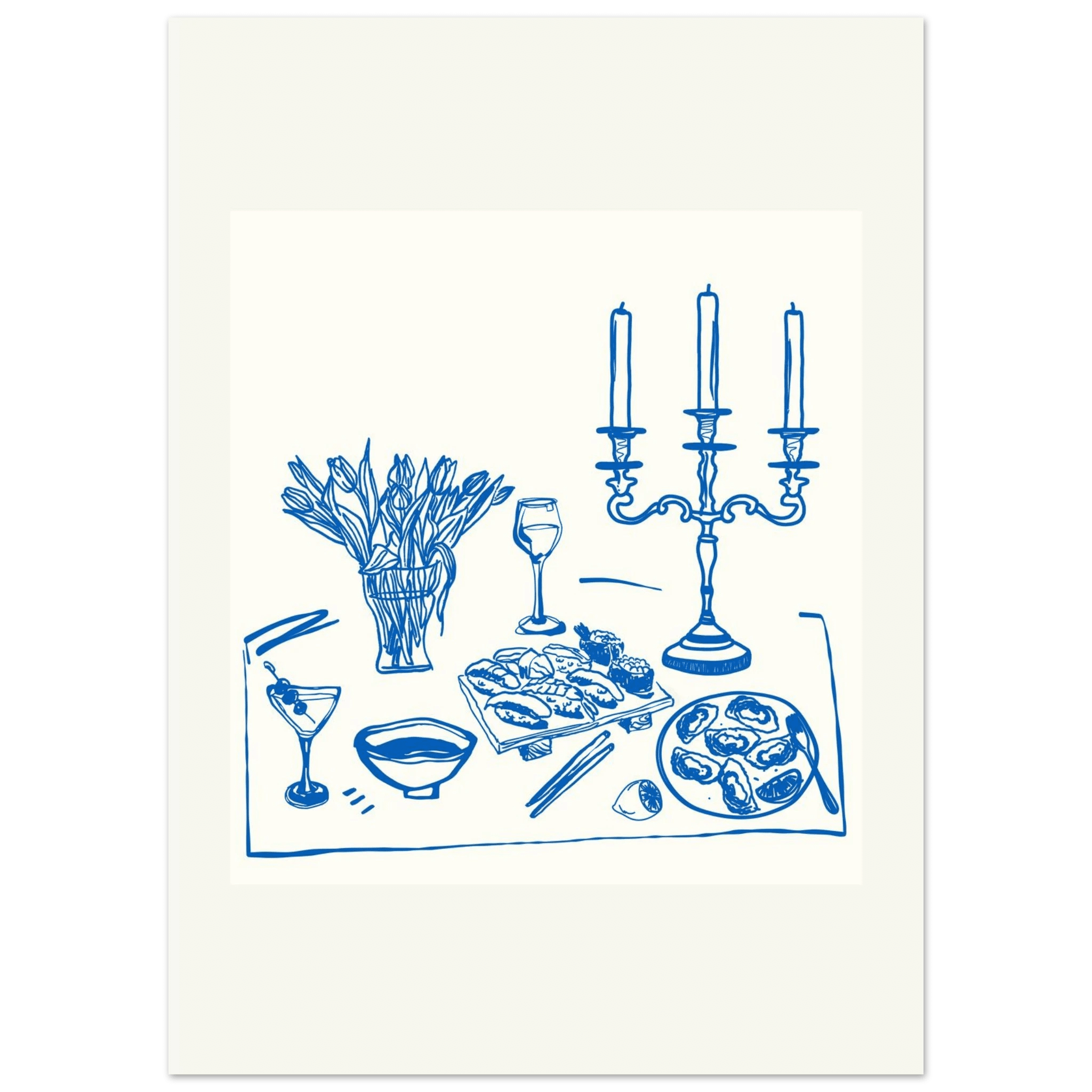 Fine Dining Table Print | Blue Line Art Kitchen Wall Art | Elegant Dining Room Poster - Evergreen Posters