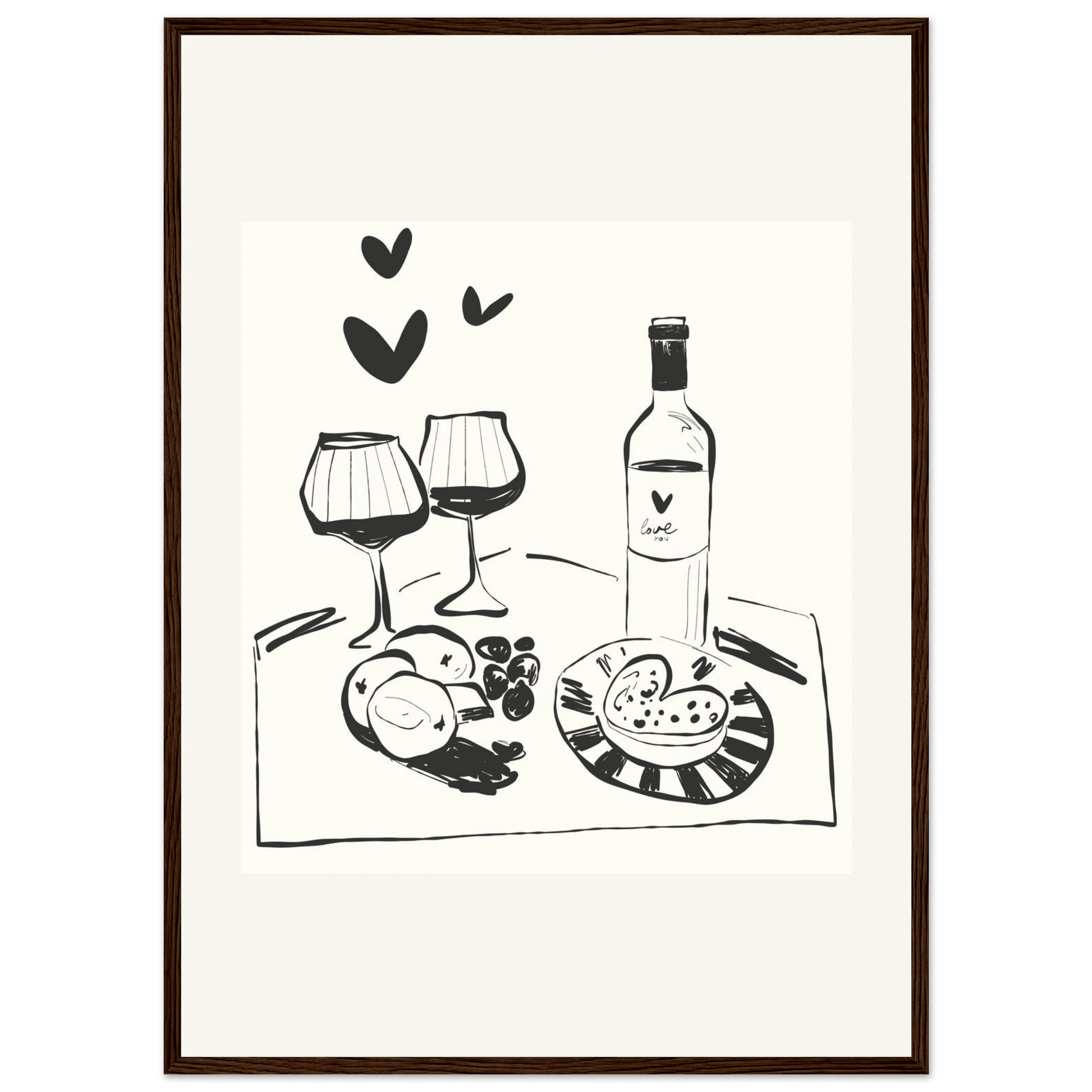 Wine for Two Print | Black Line Art Romantic Kitchen Wall Art | Couples Poster - Evergreen Posters