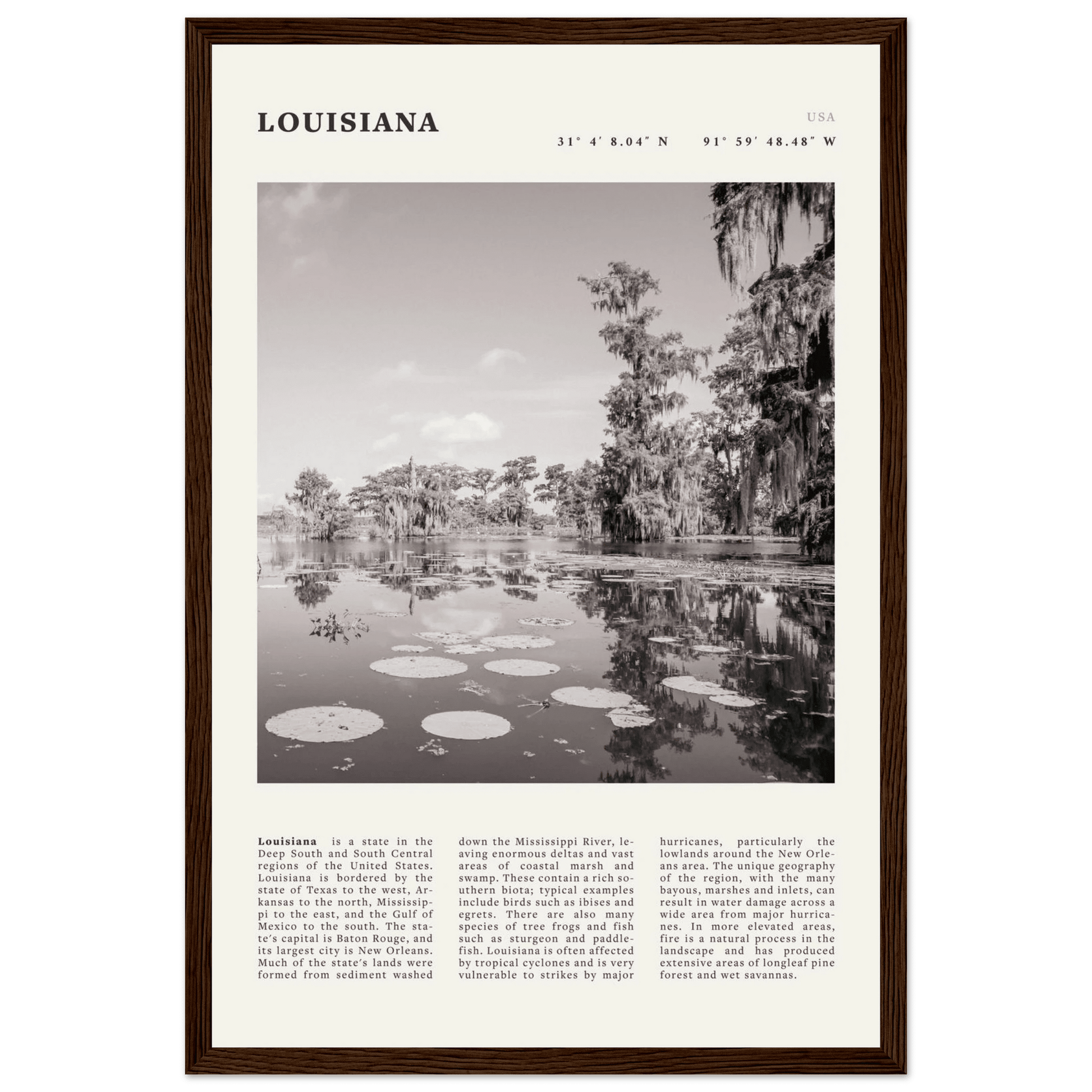 Louisiana Poster | Black & White Bayou Wall Art | Southern USA Travel Print Decor - Evergreen Posters