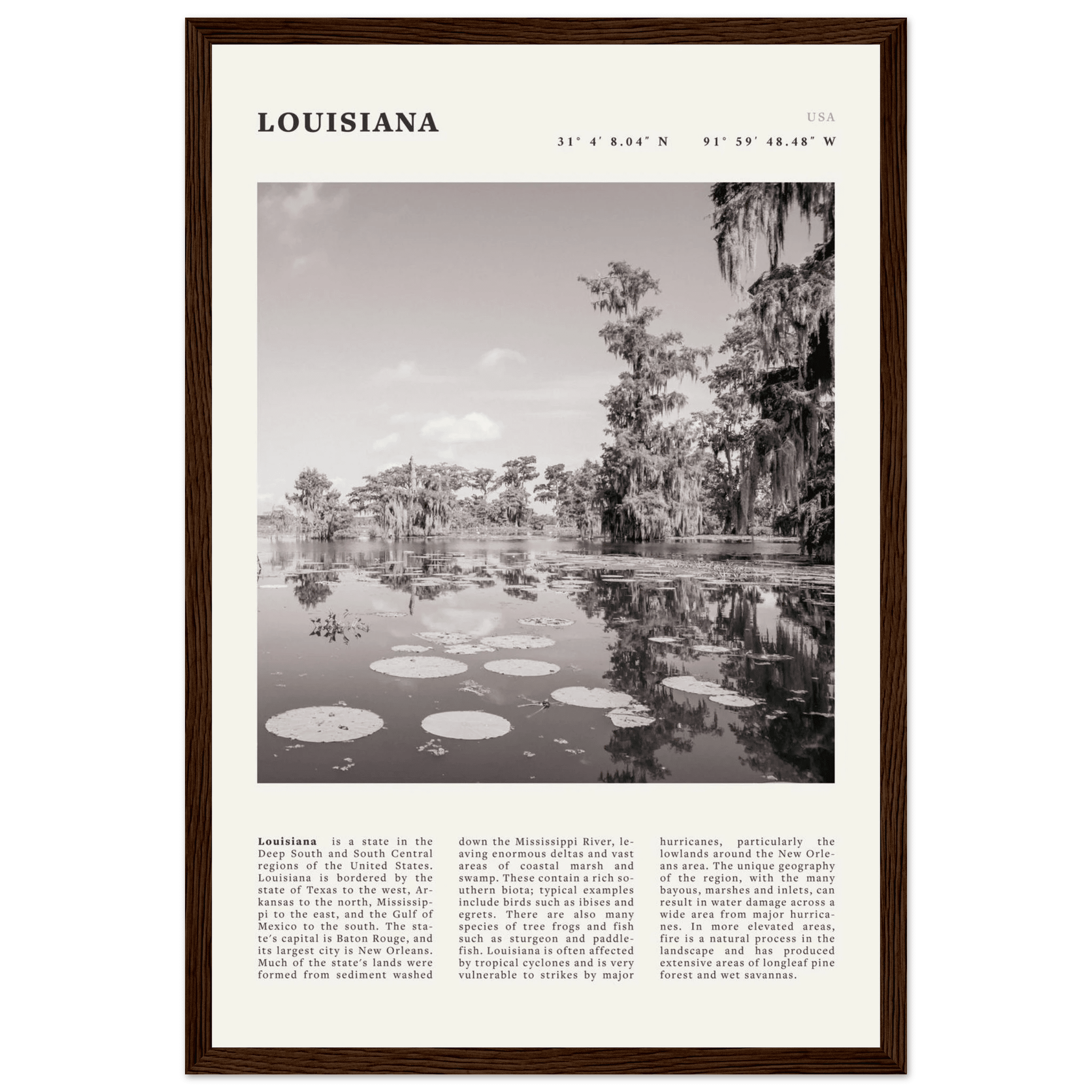 Louisiana Poster | Black & White Bayou Wall Art | Southern USA Travel Print Decor - Evergreen Posters