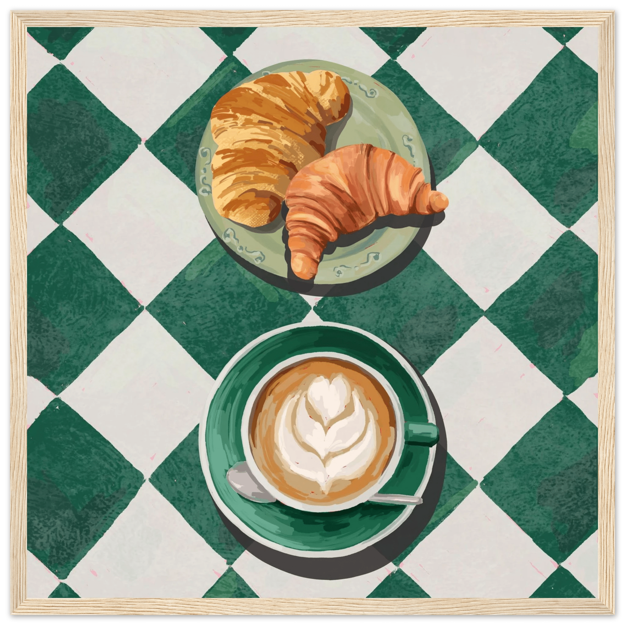 Croissant & Latte Poster | Classic Kitchen Wall Art | Green Tile Square Breakfast Print - Evergreen Posters - 7