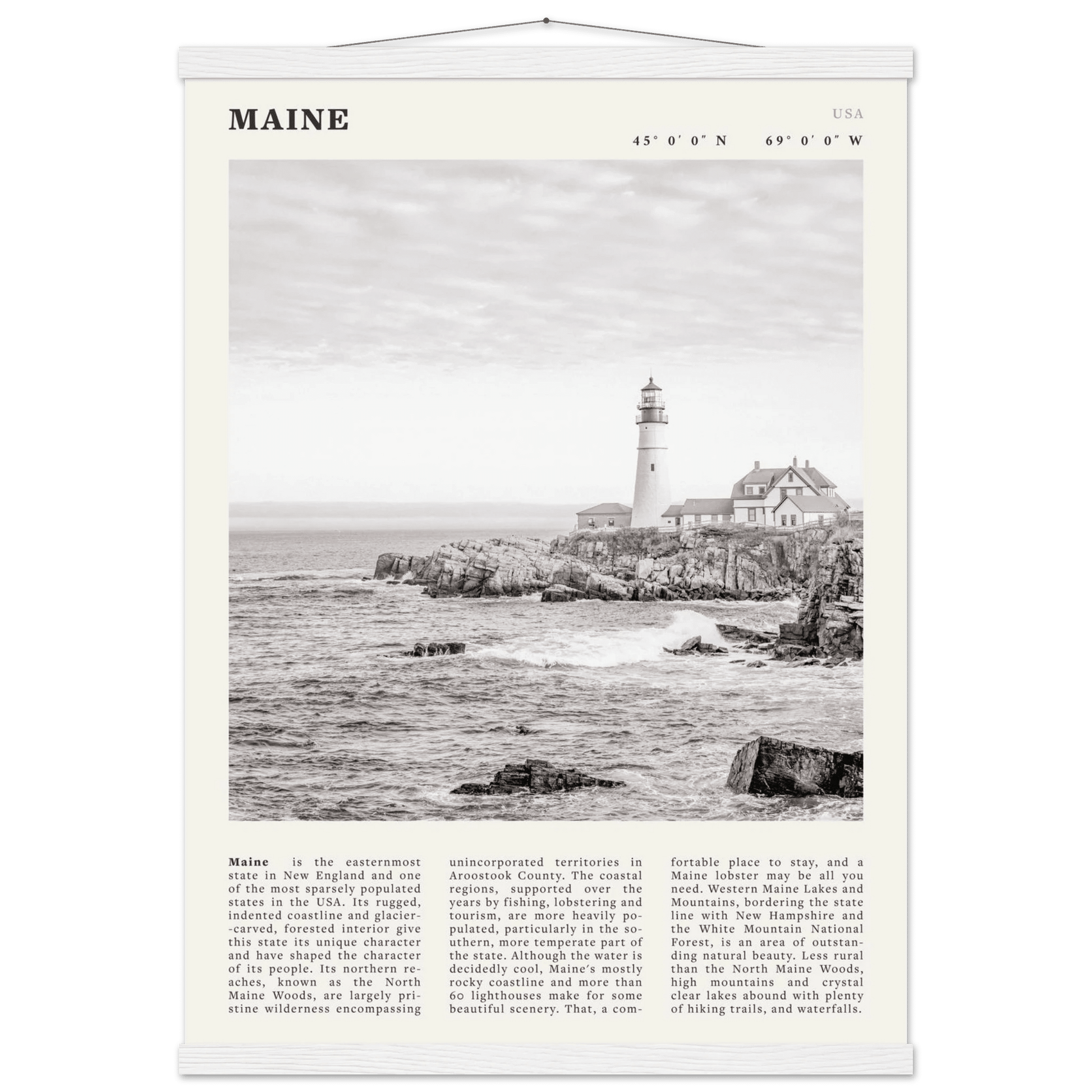 Maine Poster | Black & White Lighthouse Wall Art | New England Coastal Travel Print - Evergreen Posters