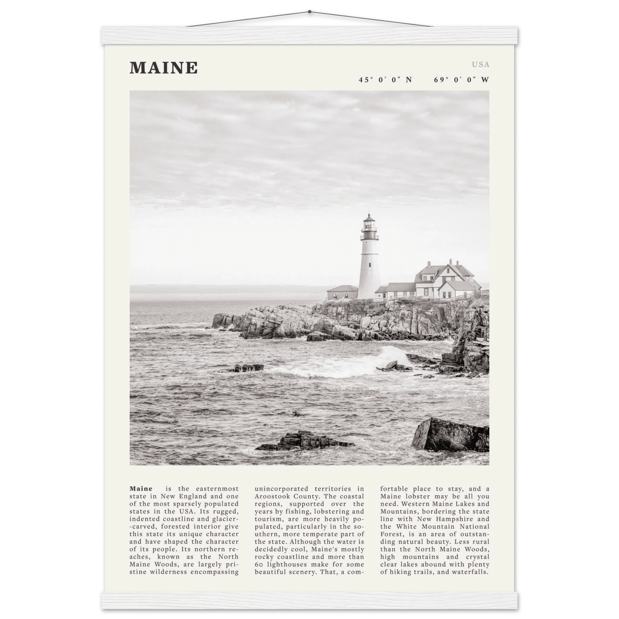 Maine Poster | Black & White Lighthouse Wall Art | New England Coastal Travel Print - Evergreen Posters
