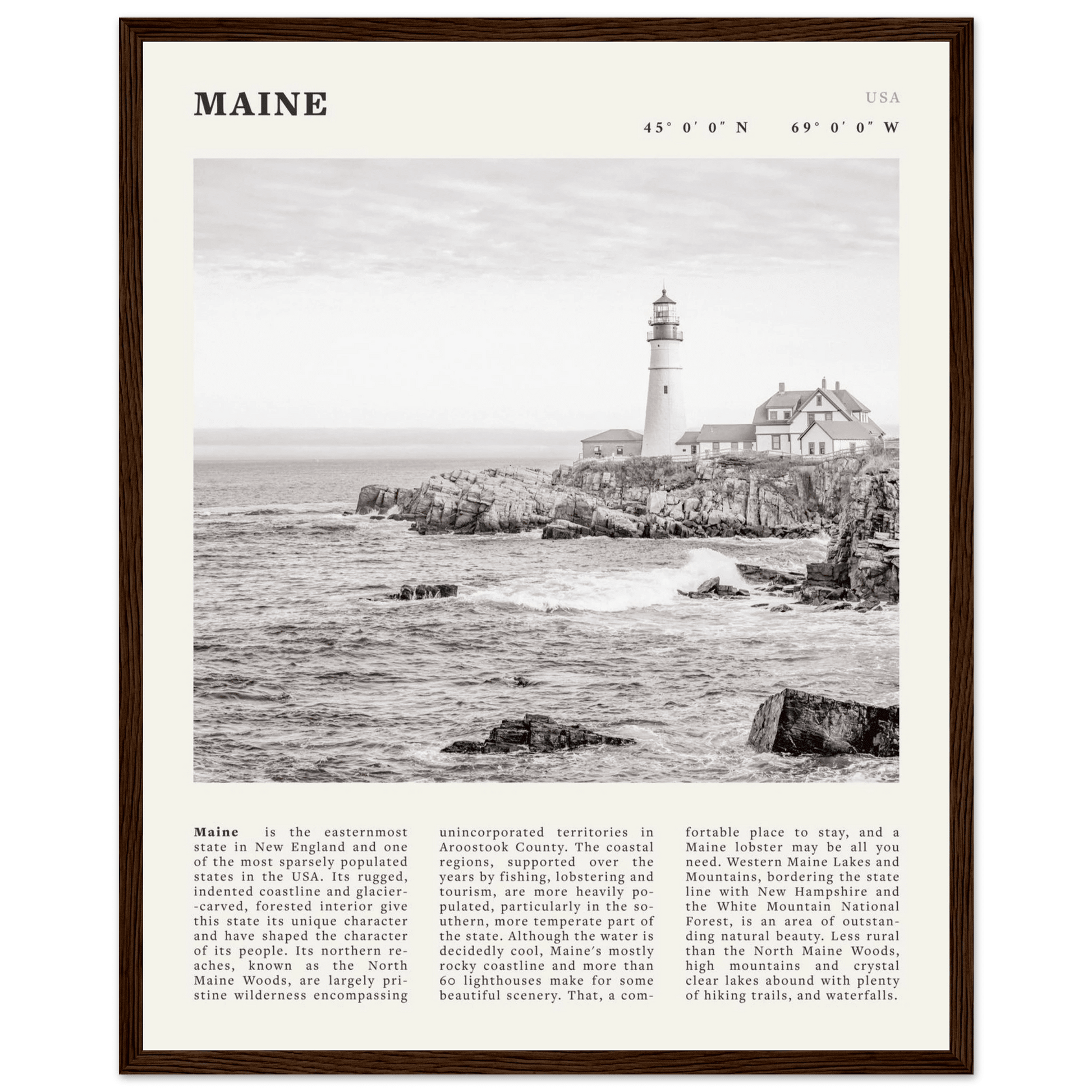 Maine Poster | Black & White Lighthouse Wall Art | New England Coastal Travel Print - Evergreen Posters