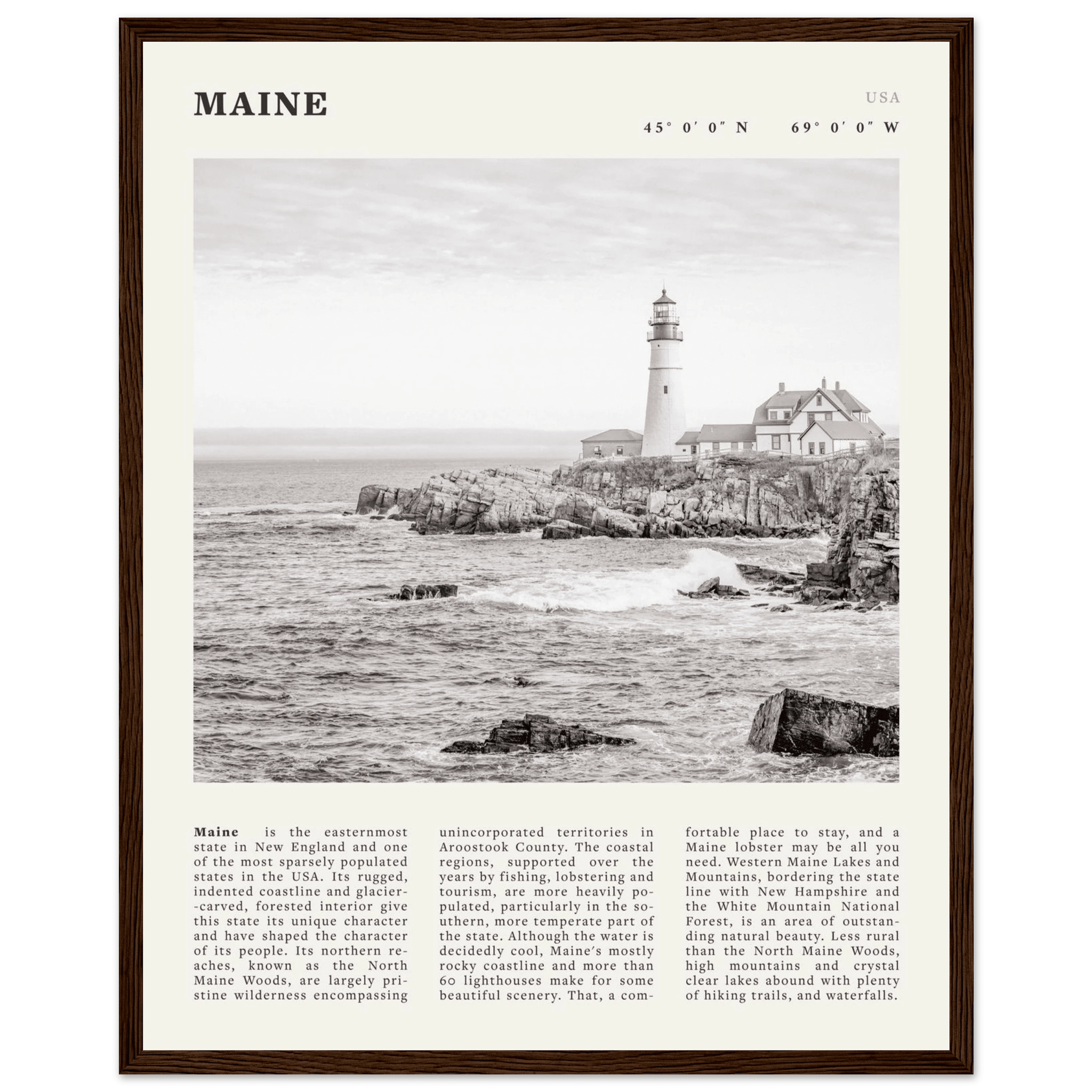Maine Poster | Black & White Lighthouse Wall Art | New England Coastal Travel Print - Evergreen Posters