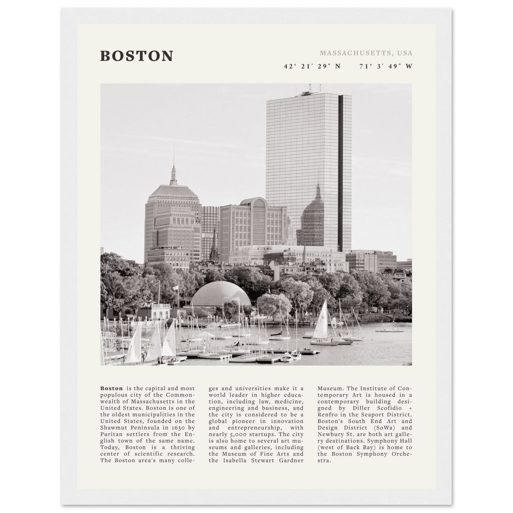 Boston Poster | Black & White Charles River Skyline Wall Art | Massachusetts Print - Evergreen Posters