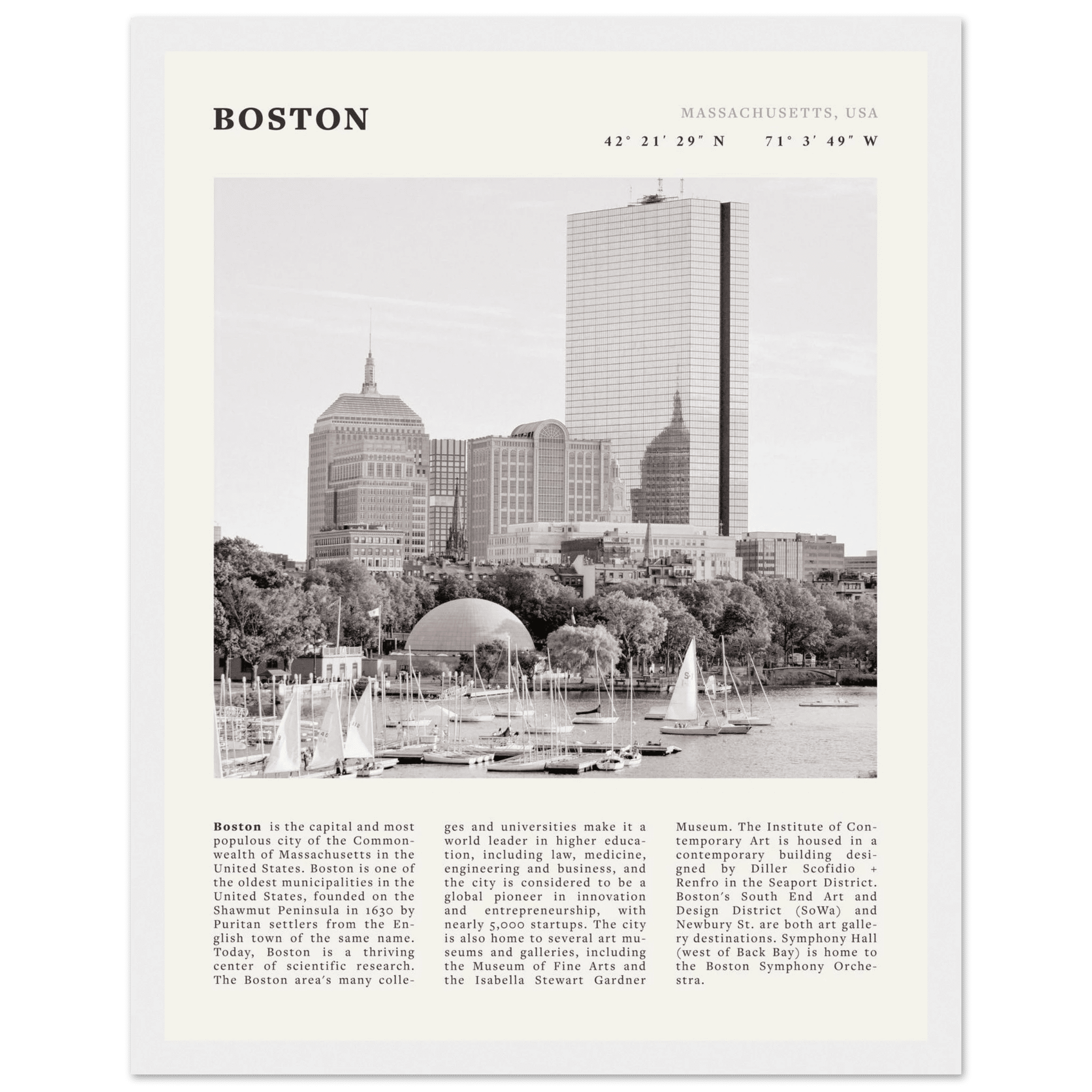 Boston Poster | Black & White Charles River Skyline Wall Art | Massachusetts Print - Evergreen Posters