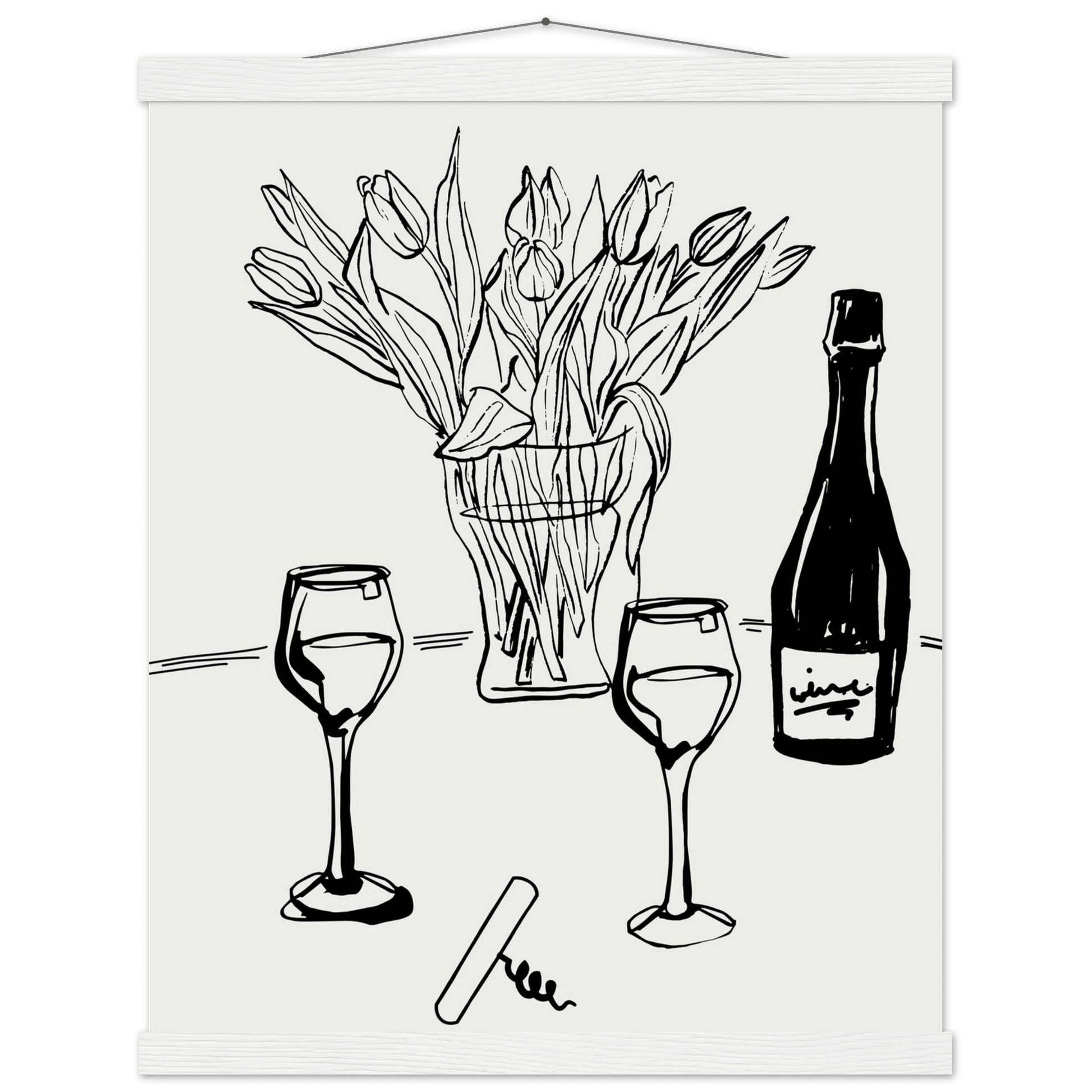 Wine & Tulips Print | Black Line Art Wine Bottle Wall Art | Minimalist Kitchen Poster - Evergreen Posters