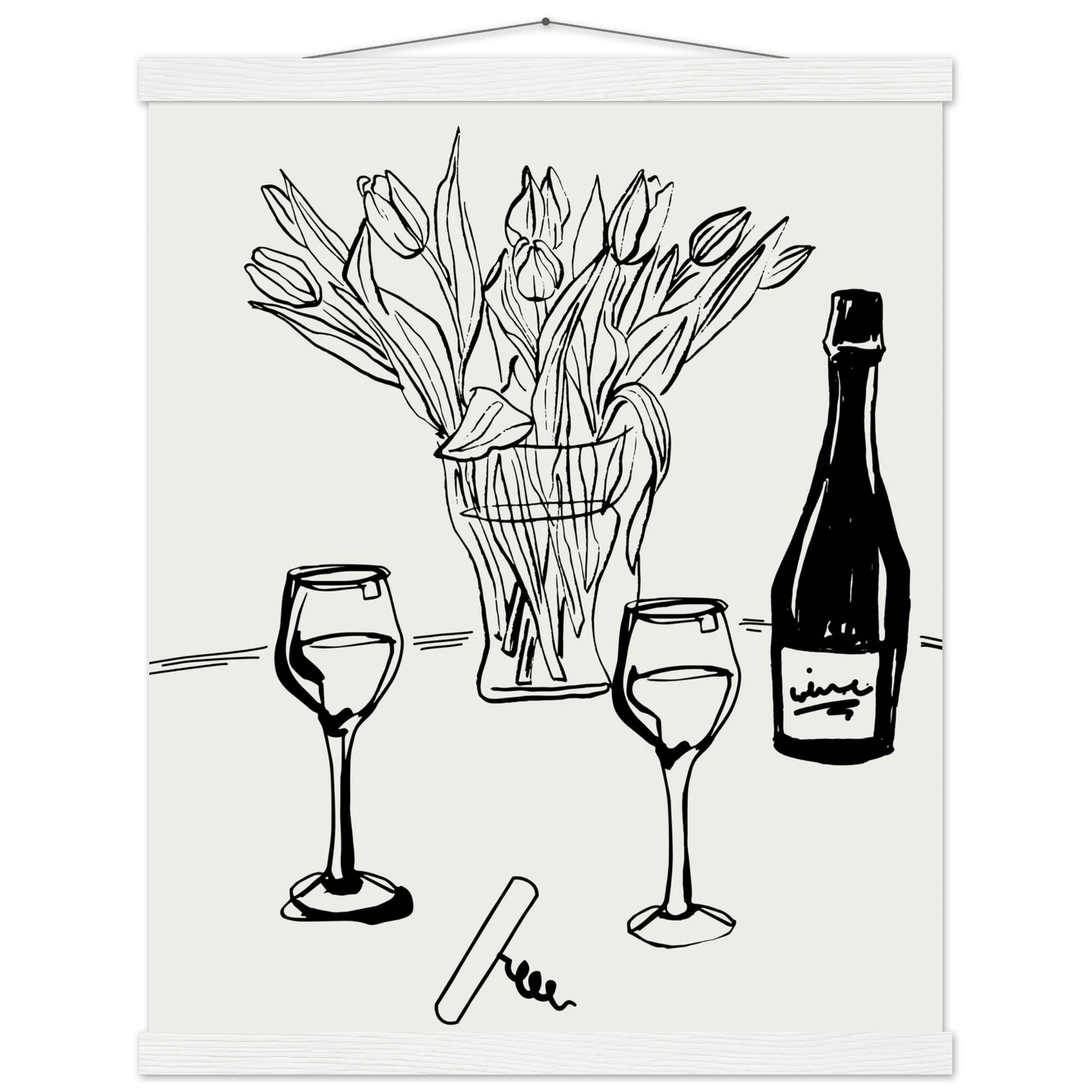 Wine & Tulips Print | Black Line Art Wine Bottle Wall Art | Minimalist Kitchen Poster - Evergreen Posters