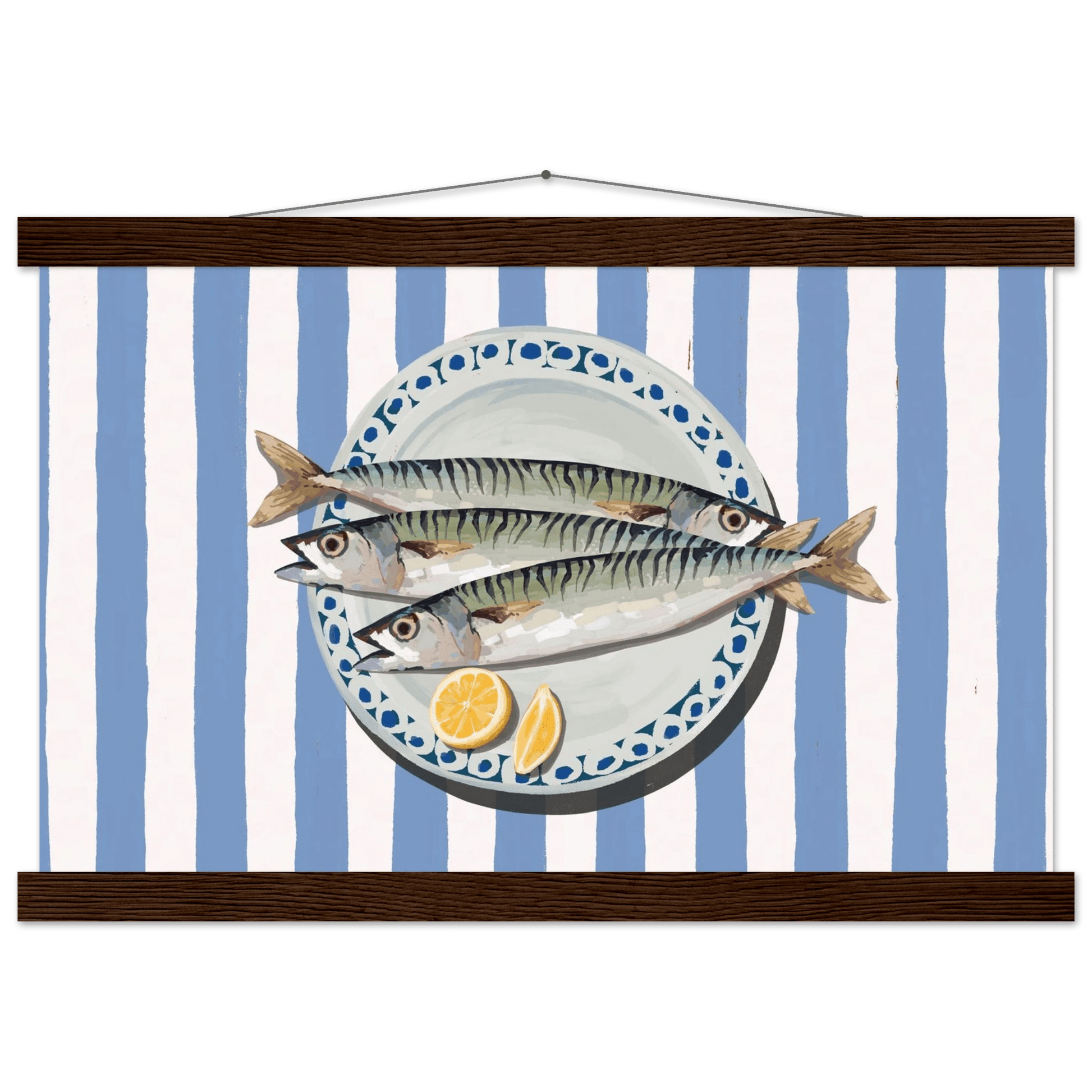 Sardines Print | Blue Stripe Fish Kitchen Wall Art | Coastal Food Poster - Evergreen Posters