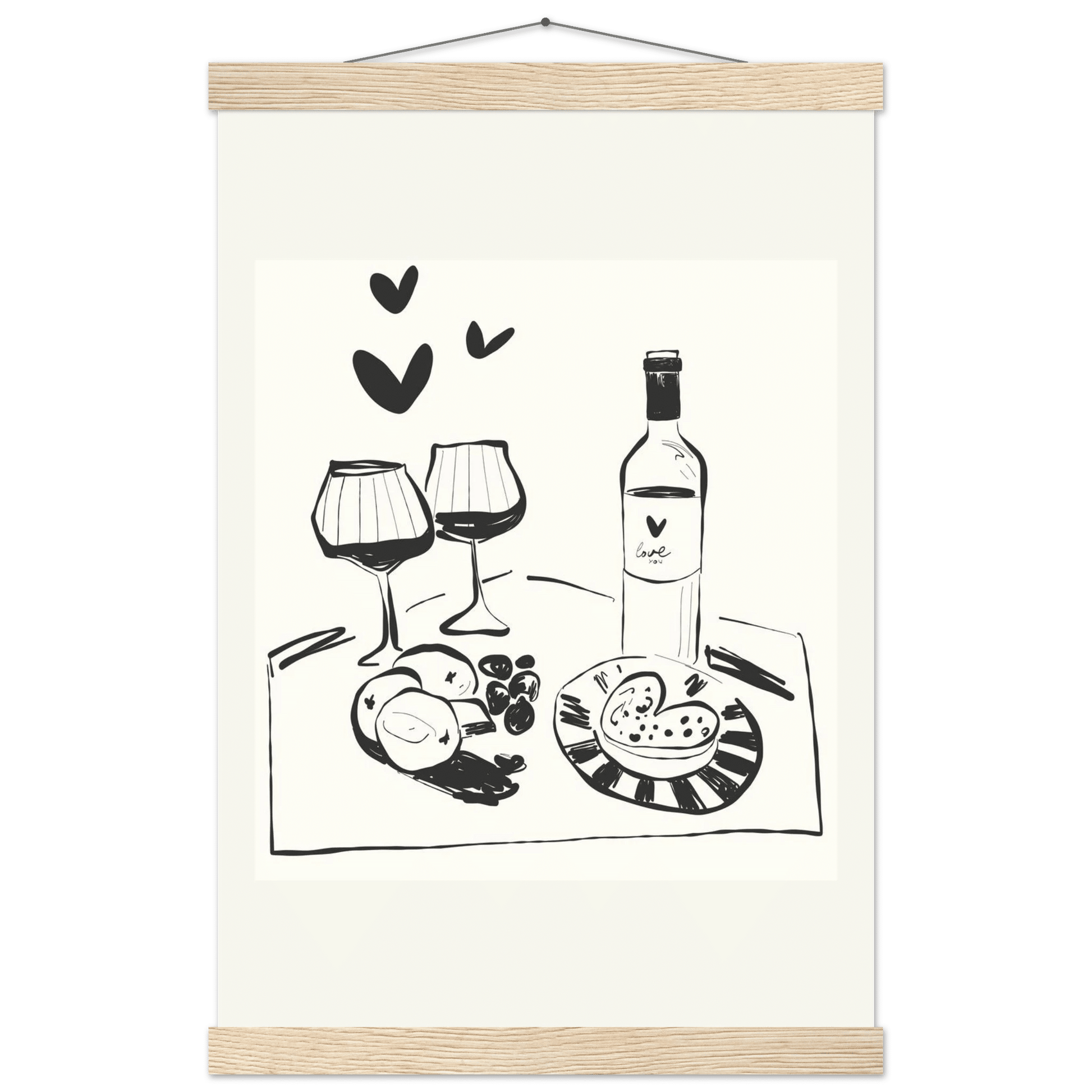 Wine for Two Print | Black Line Art Romantic Kitchen Wall Art | Couples Poster - Evergreen Posters