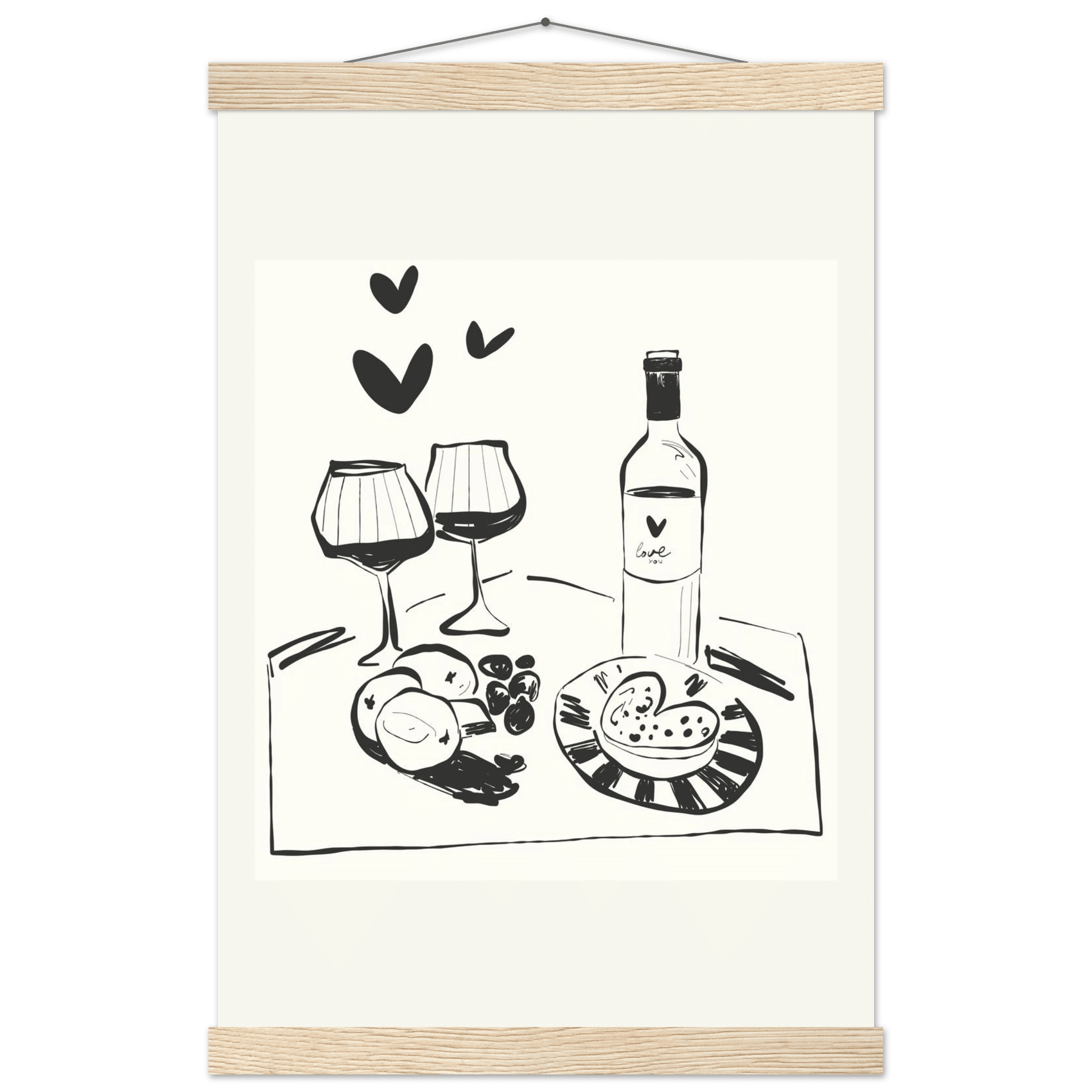 Wine for Two Print | Black Line Art Romantic Kitchen Wall Art | Couples Poster - Evergreen Posters