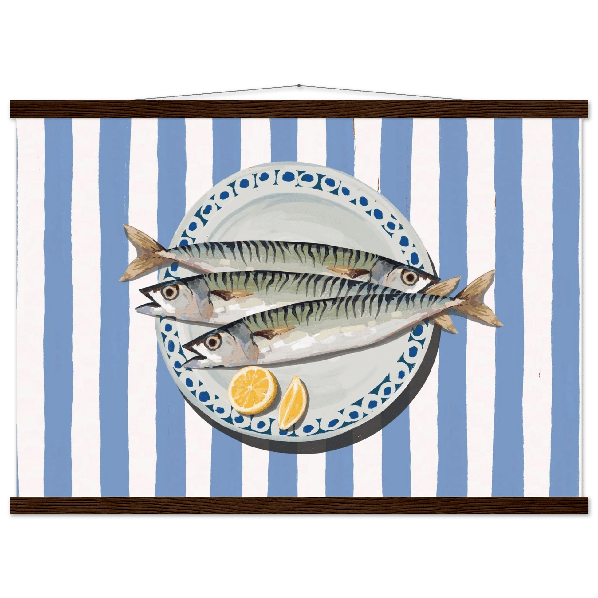 Sardines Print | Blue Stripe Fish Kitchen Wall Art | Coastal Food Poster - Evergreen Posters