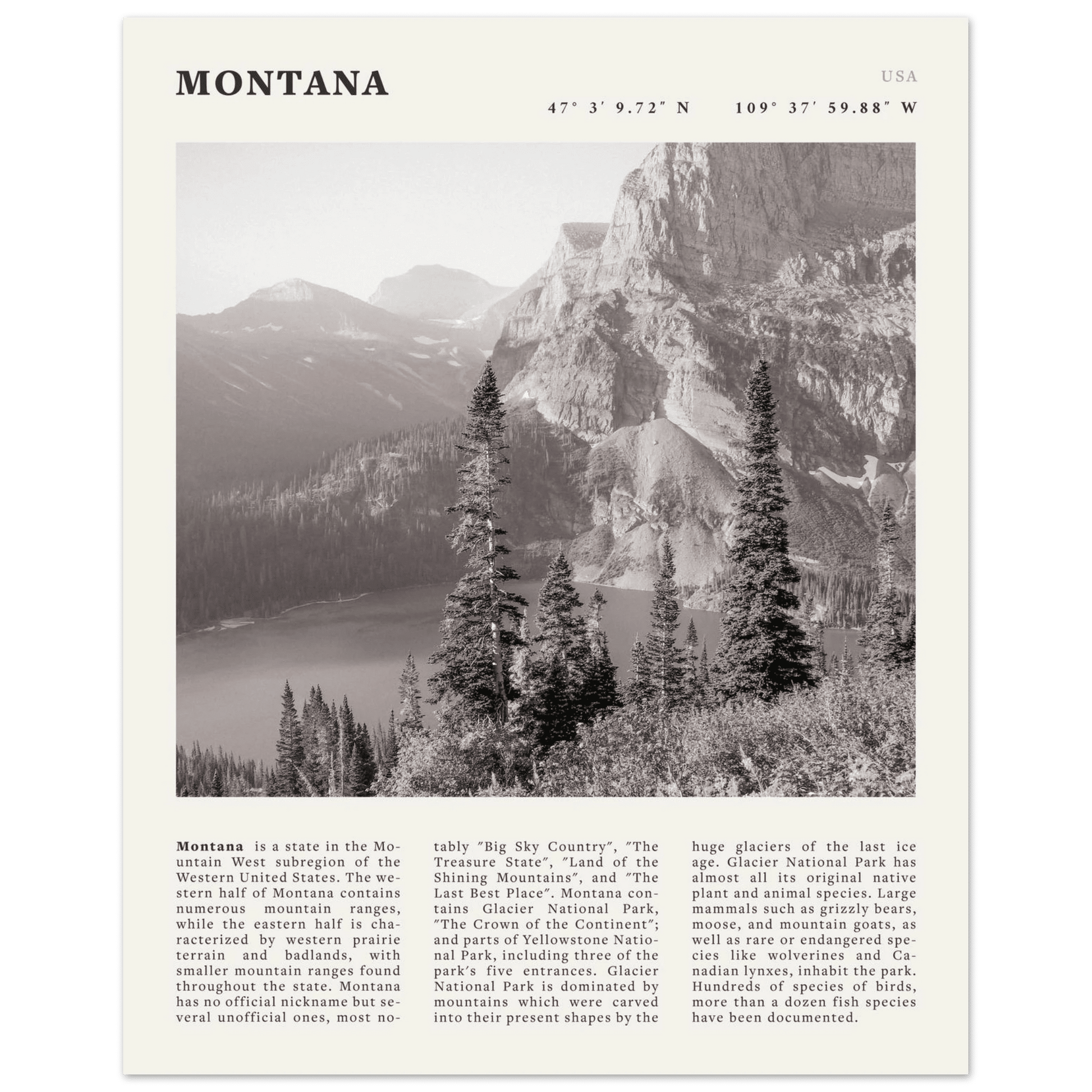 Montana Poster | Black & White Glacier National Park Wall Art | Nature Travel Print - Evergreen Posters