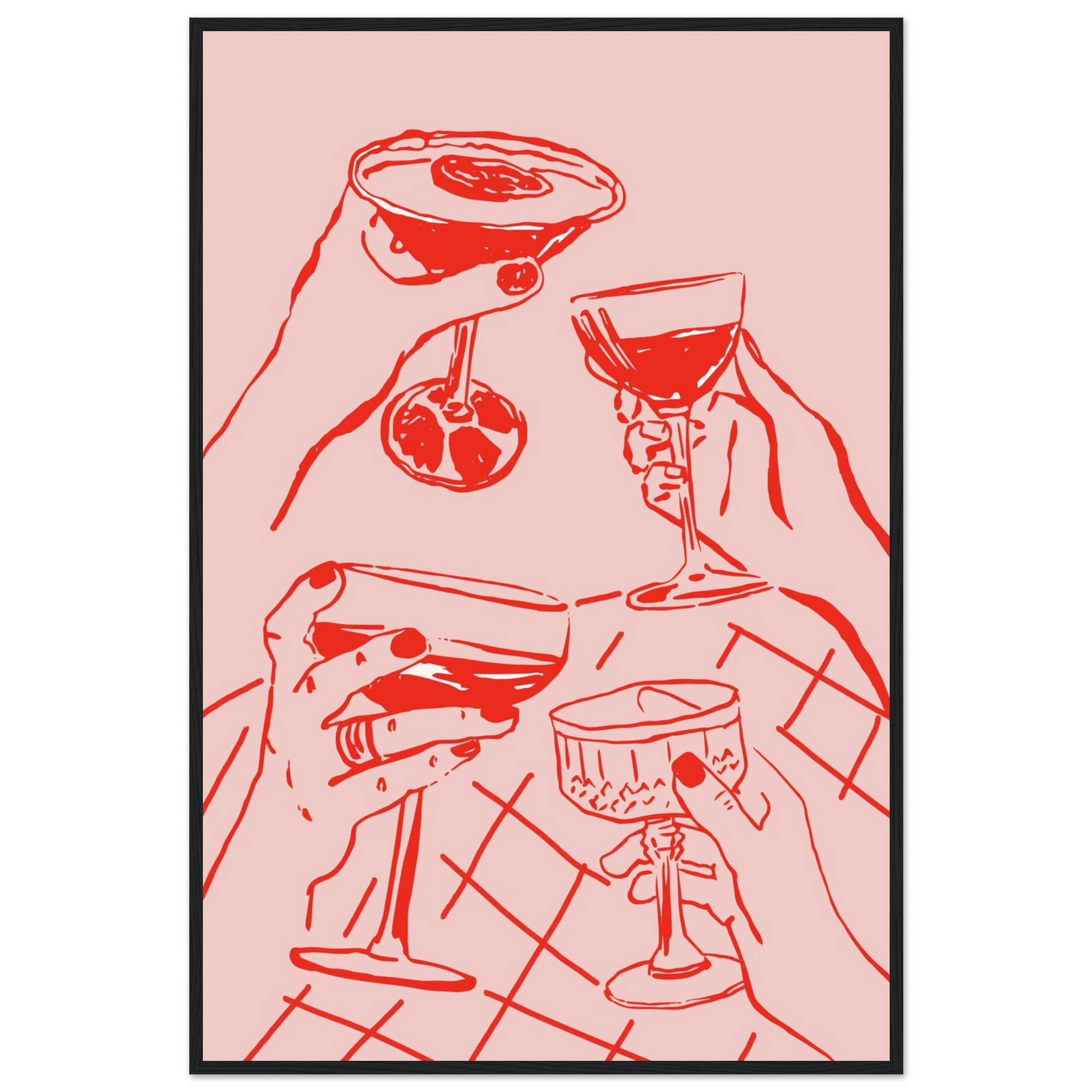 Cheers Print | Red & Pink Cocktail Glasses Wall Art | Kitchen Bar Poster - Evergreen Posters