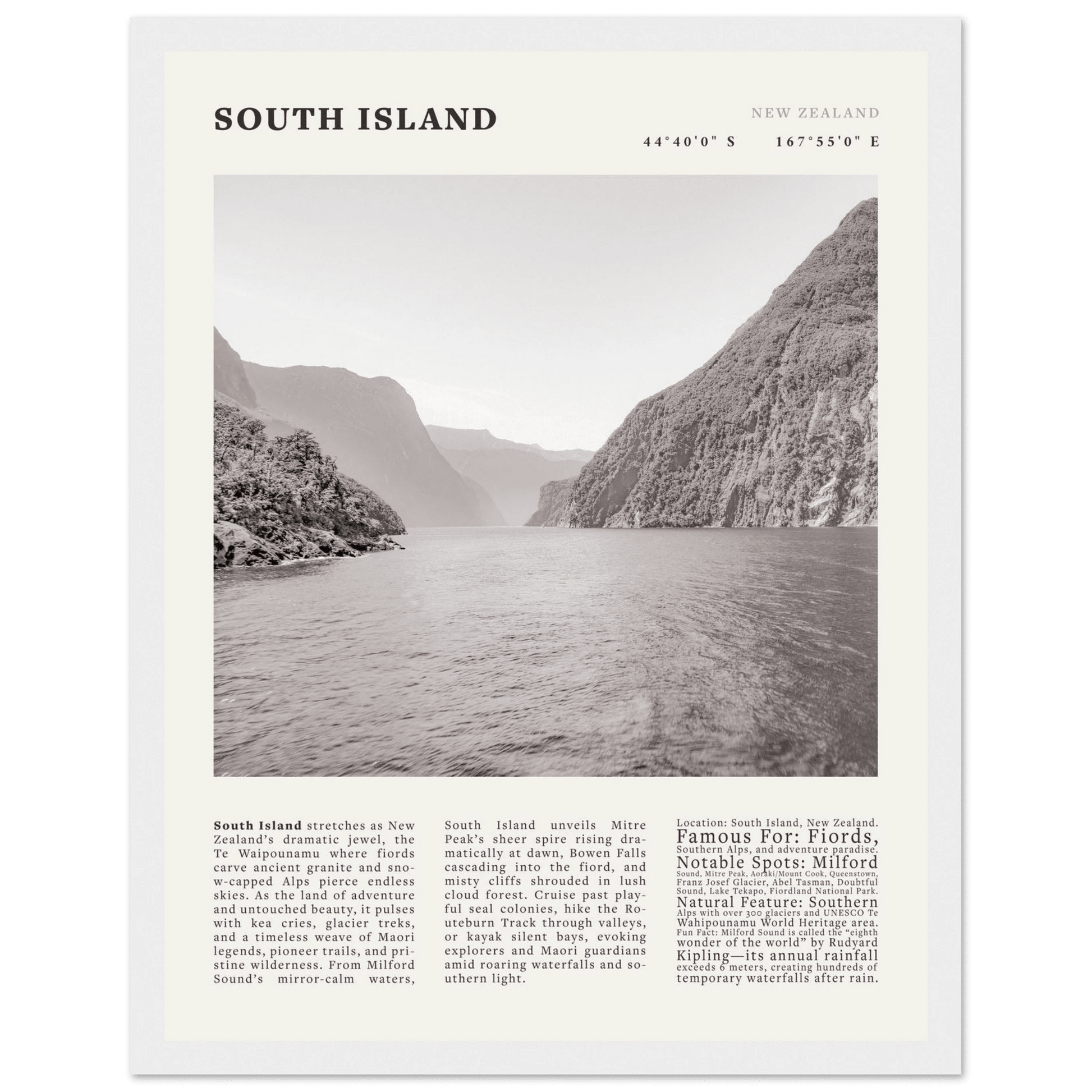 South Island New Zealand Poster Black and White – Vintage Milford Sound Fjord Print - Evergreen Posters