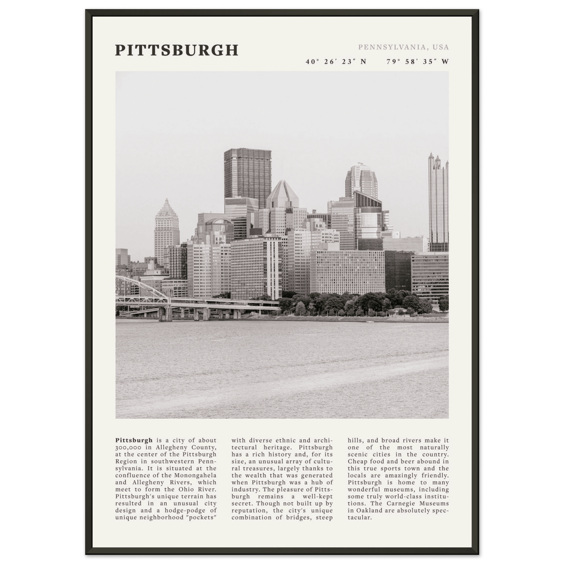 Pittsburgh Poster | Black & White Pennsylvania Skyline Wall Art | PA Travel Print - Evergreen Posters
