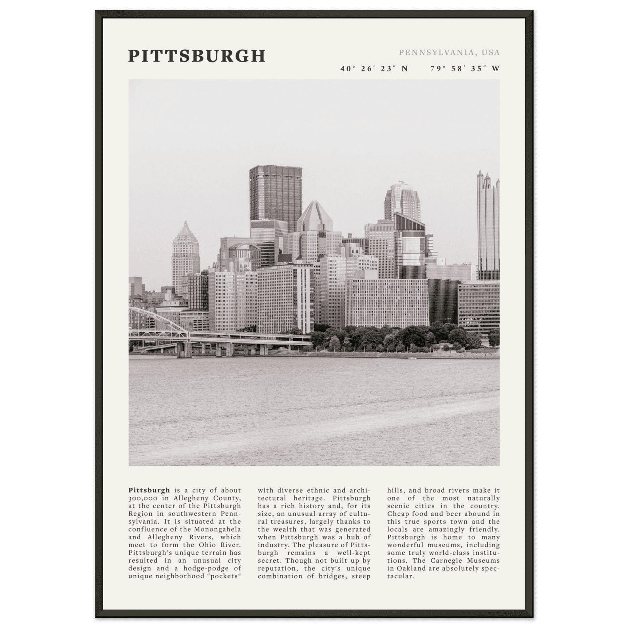 Pittsburgh Poster | Black & White Pennsylvania Skyline Wall Art | PA Travel Print - Evergreen Posters