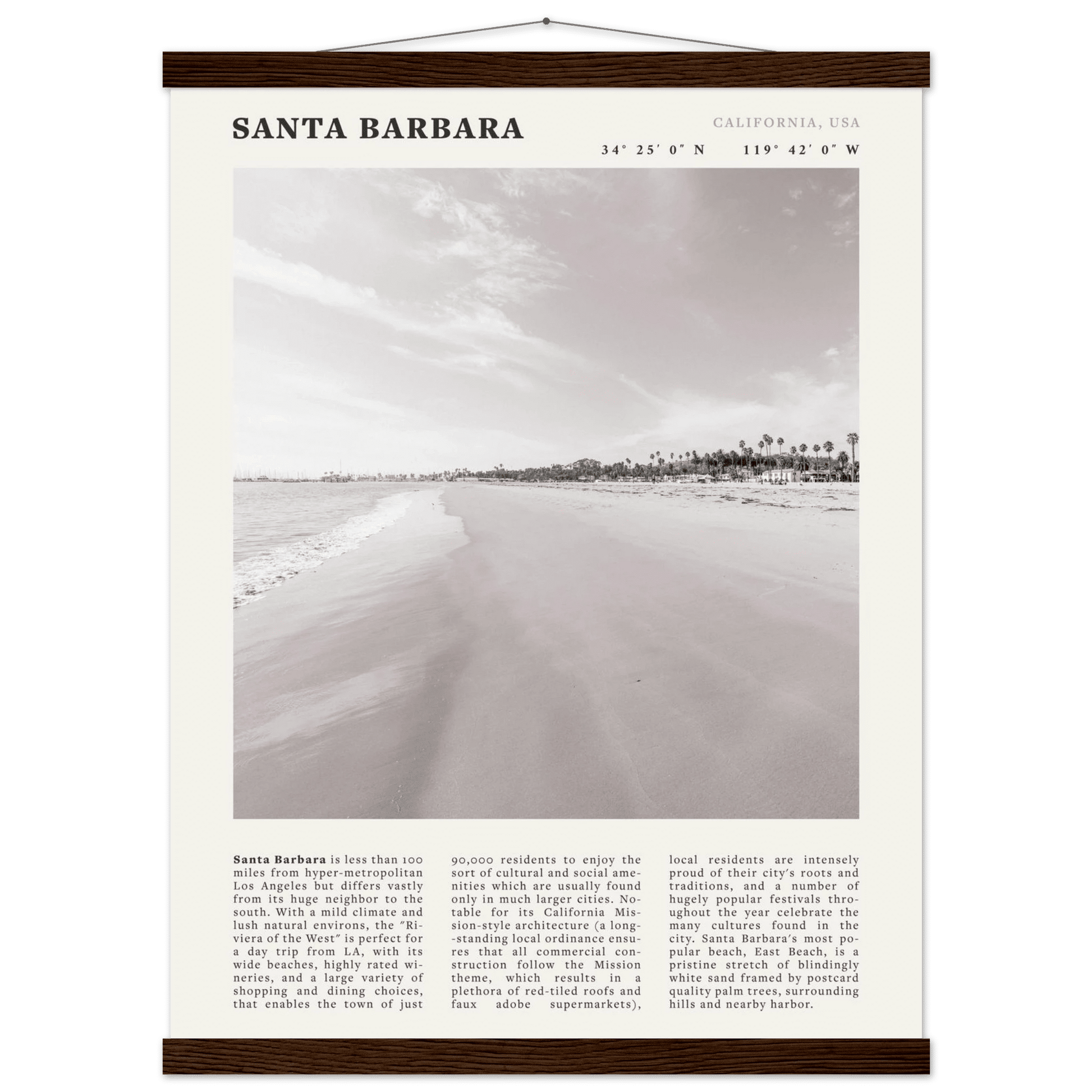 Santa Barbara Poster | Black & White California Beach Wall Art | CA Travel Print - Evergreen Posters