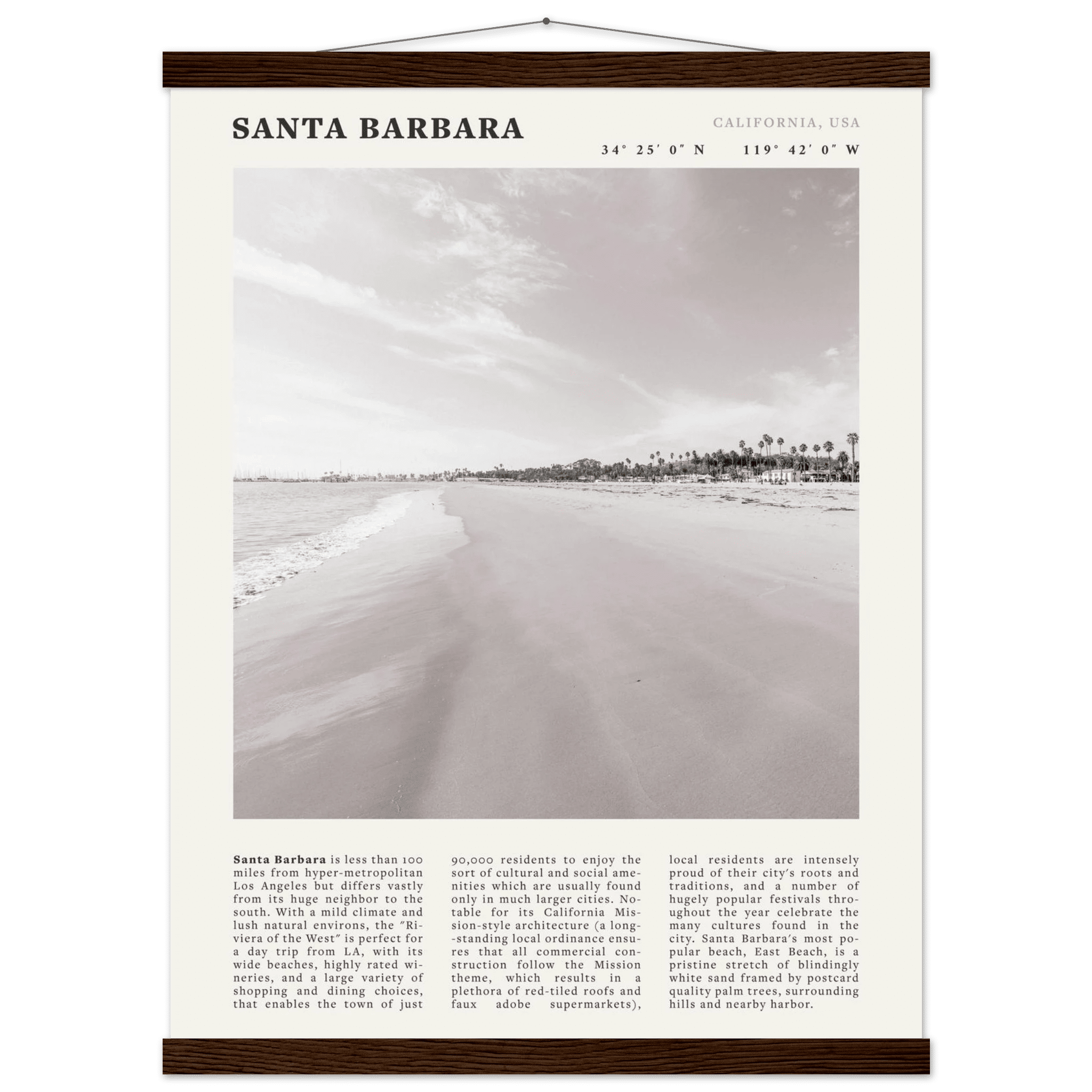 Santa Barbara Poster | Black & White California Beach Wall Art | CA Travel Print - Evergreen Posters